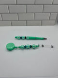 Beaded Badge Reel with Matching Beaded Pen-Green