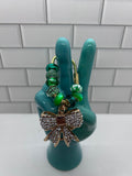 Gold Carabiner Beaded Bag Charms-Green Acrylic Beads with White Rhinestone Bow Charm