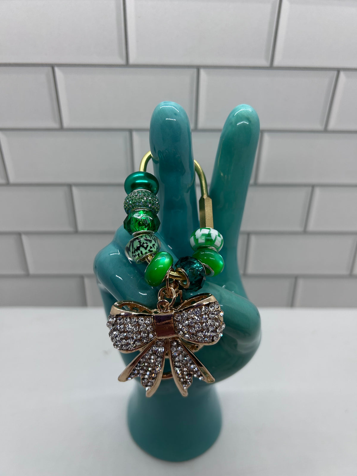 Gold Carabiner Beaded Bag Charms-Green Acrylic Beads with White Rhinestone Bow Charm