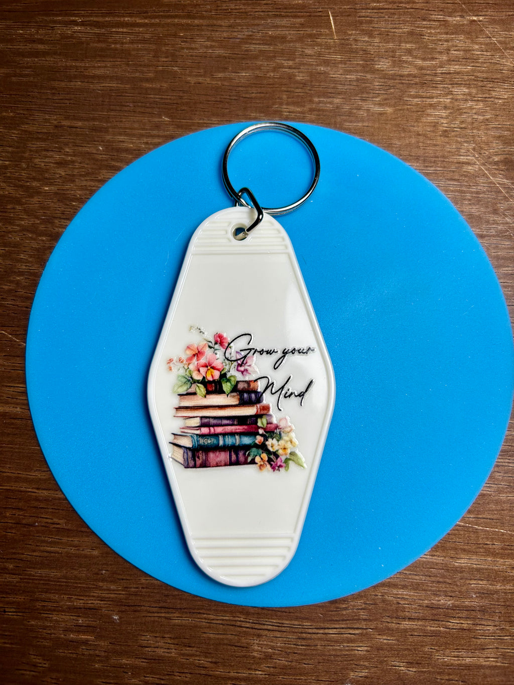 Retro Style Motel Keychain with a Bookish Theme