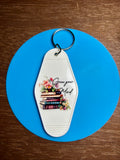 Retro Style Motel Keychain with a Bookish Theme