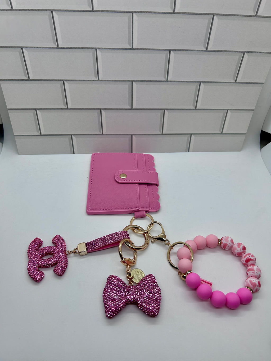 I.D. Wristlet Keychain Bundle-Pink with Pink CC Charm, Pink Bow Charm, Silicone Bracelet