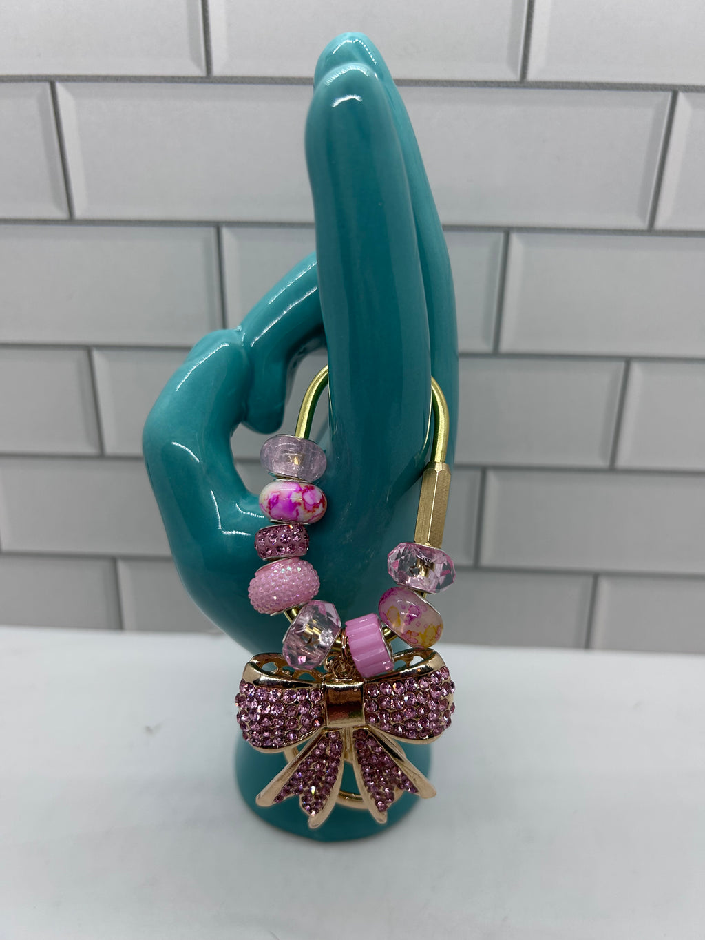 Gold Carabiner Beaded Bag Charms-Pink Acrylic Beads with Pink Rhinestone Bow Charm