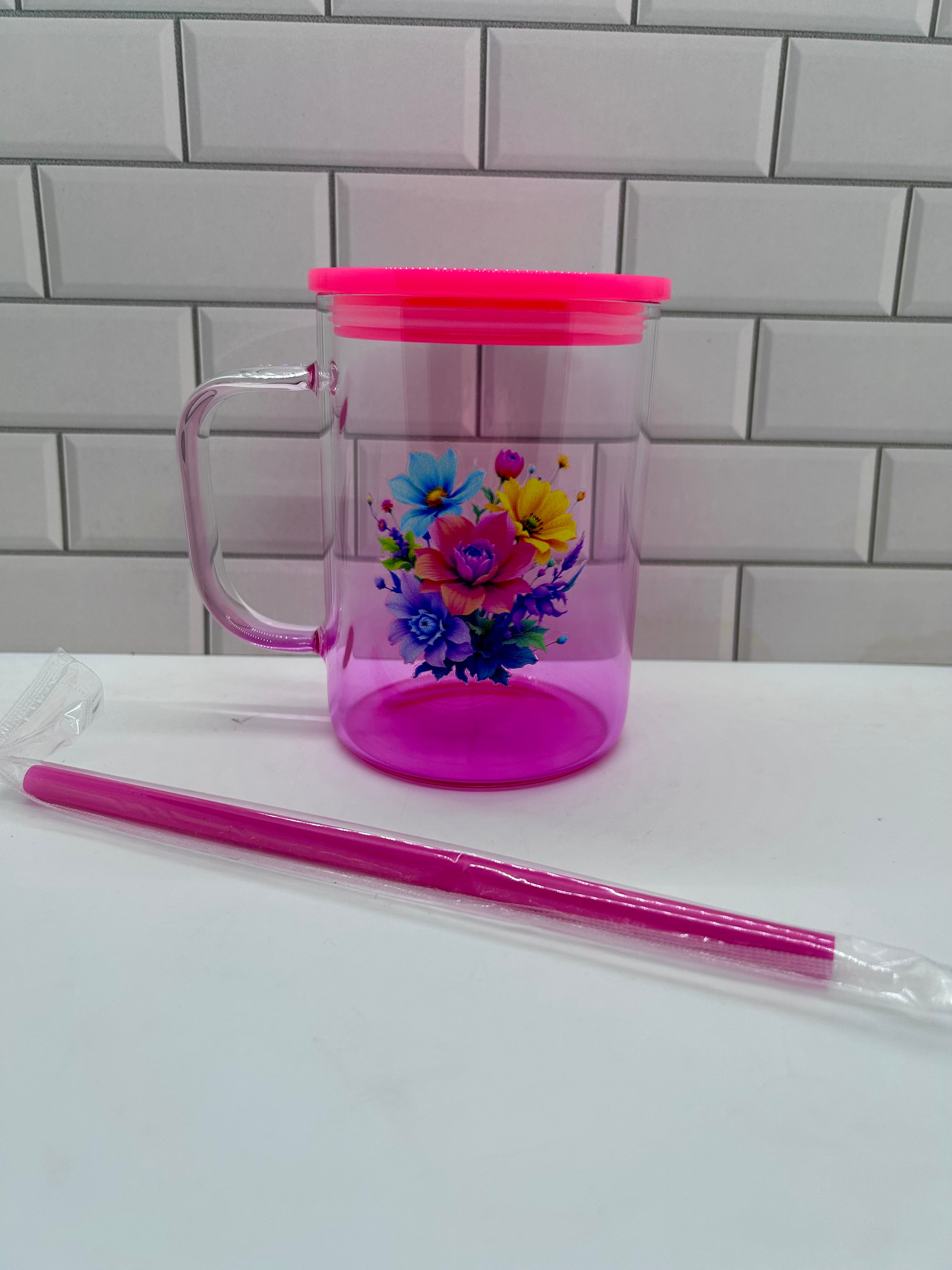 Mug isotherme en verre Ombré de 47 cl, rose vif, motif floral