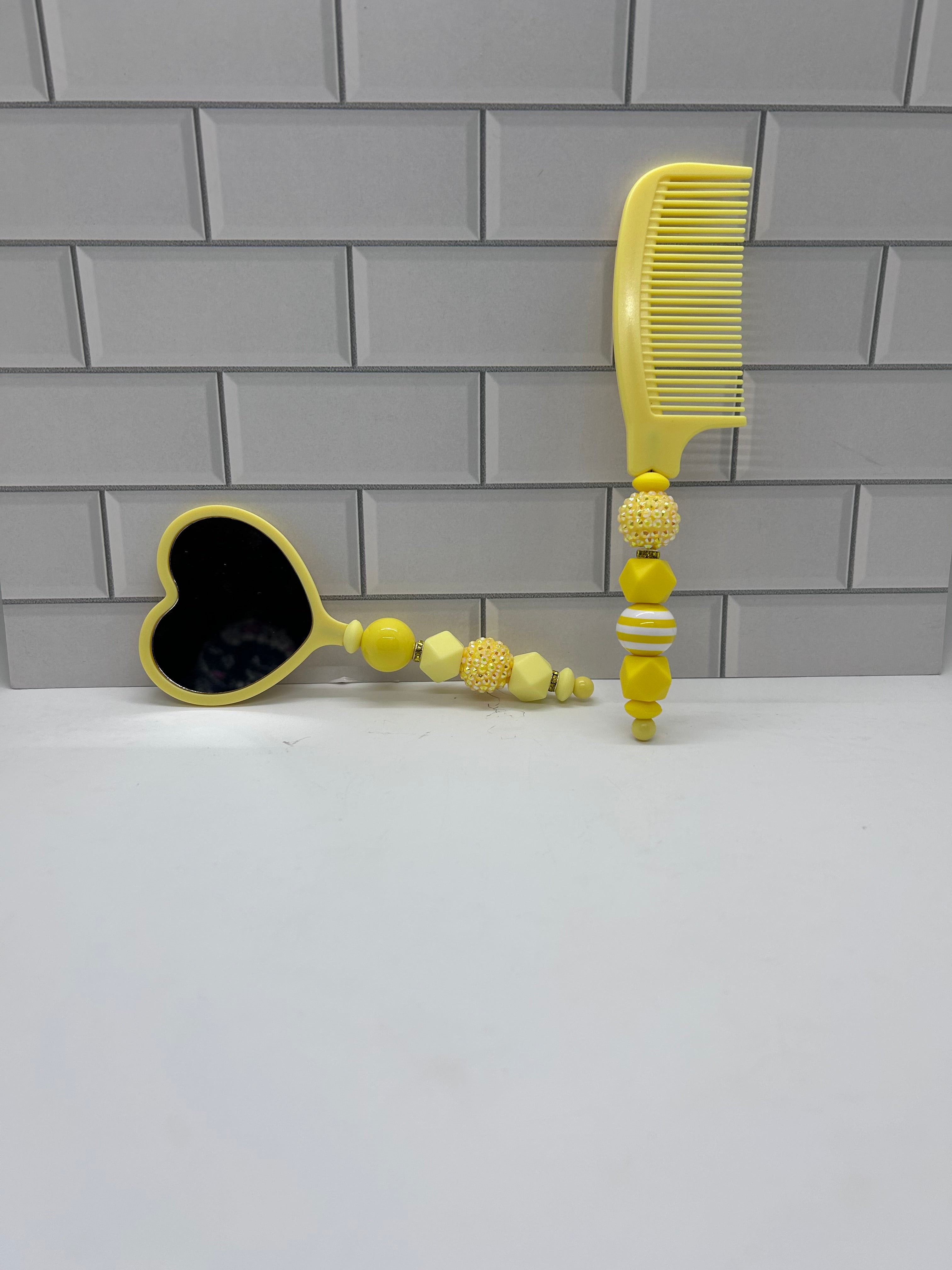 Beaded Comb & Mirror Set-Yellow