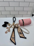 Black Wristlet Keychain Bundles-Orange Cylindrical Bag, Orange Charms, Black Heart Charm