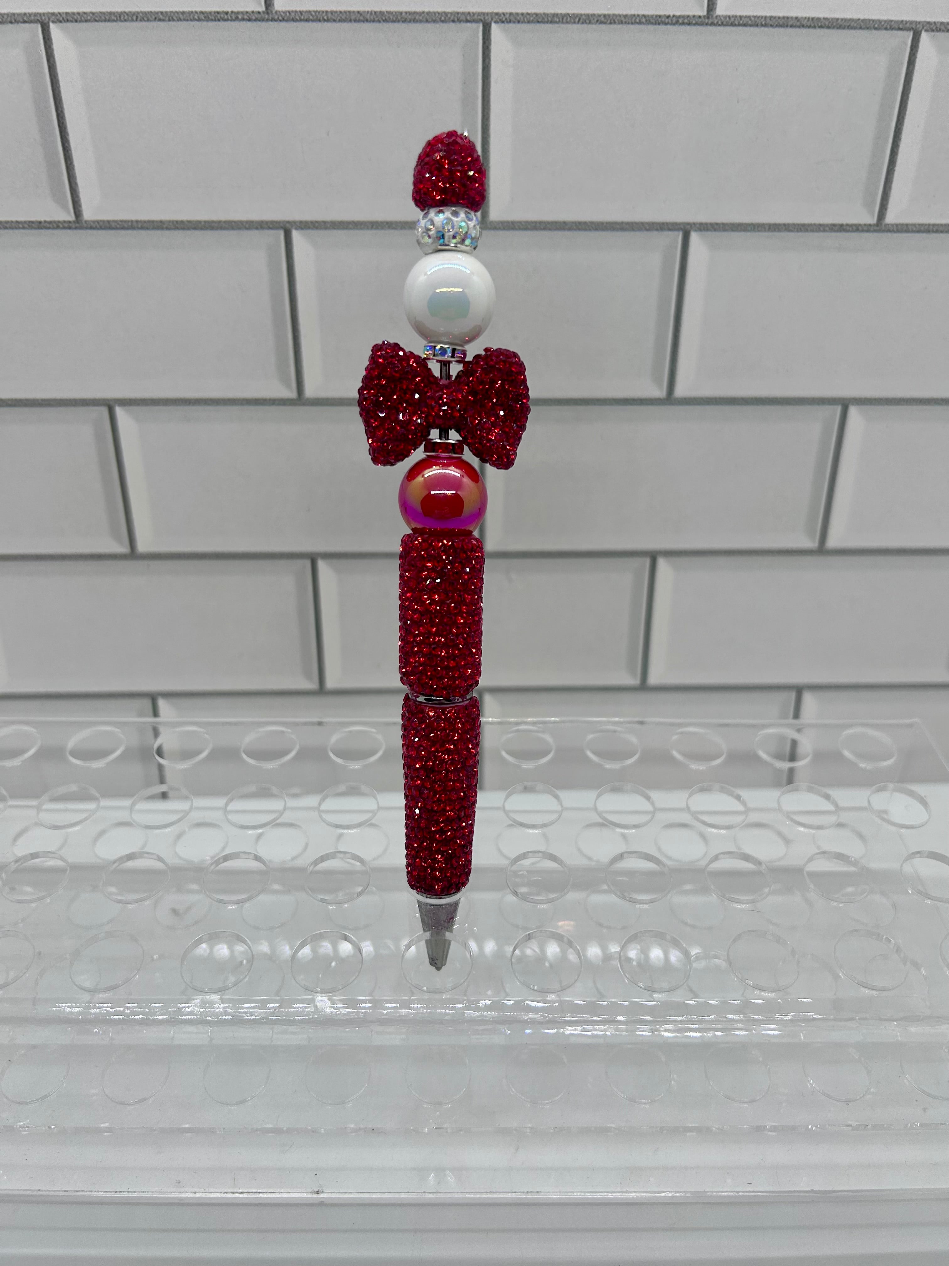 Rhinestone Beaded Ballpoint Pen w/ Bow Focal-Red/White