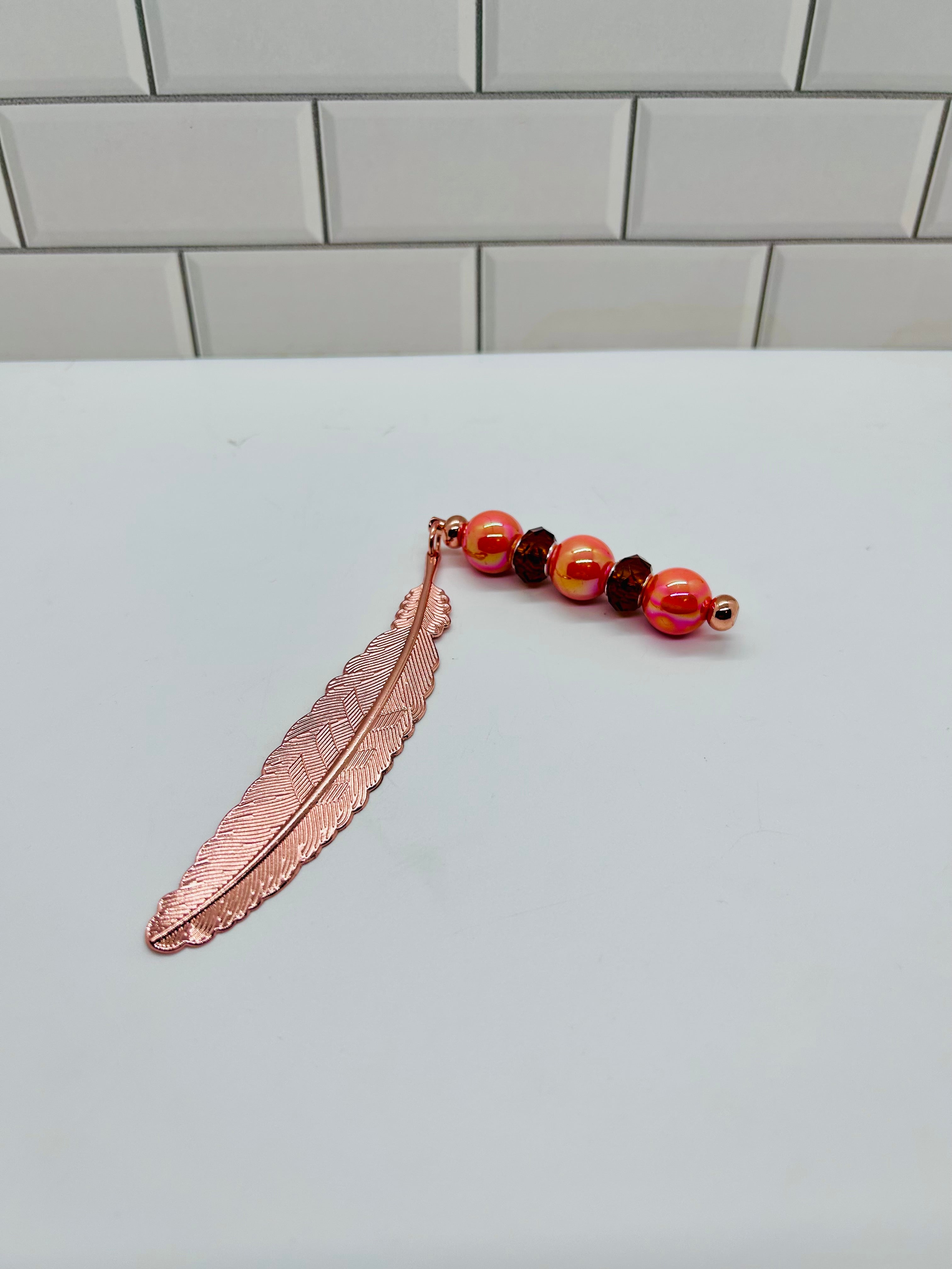 Metal Feather Beaded Bookmark-Copper