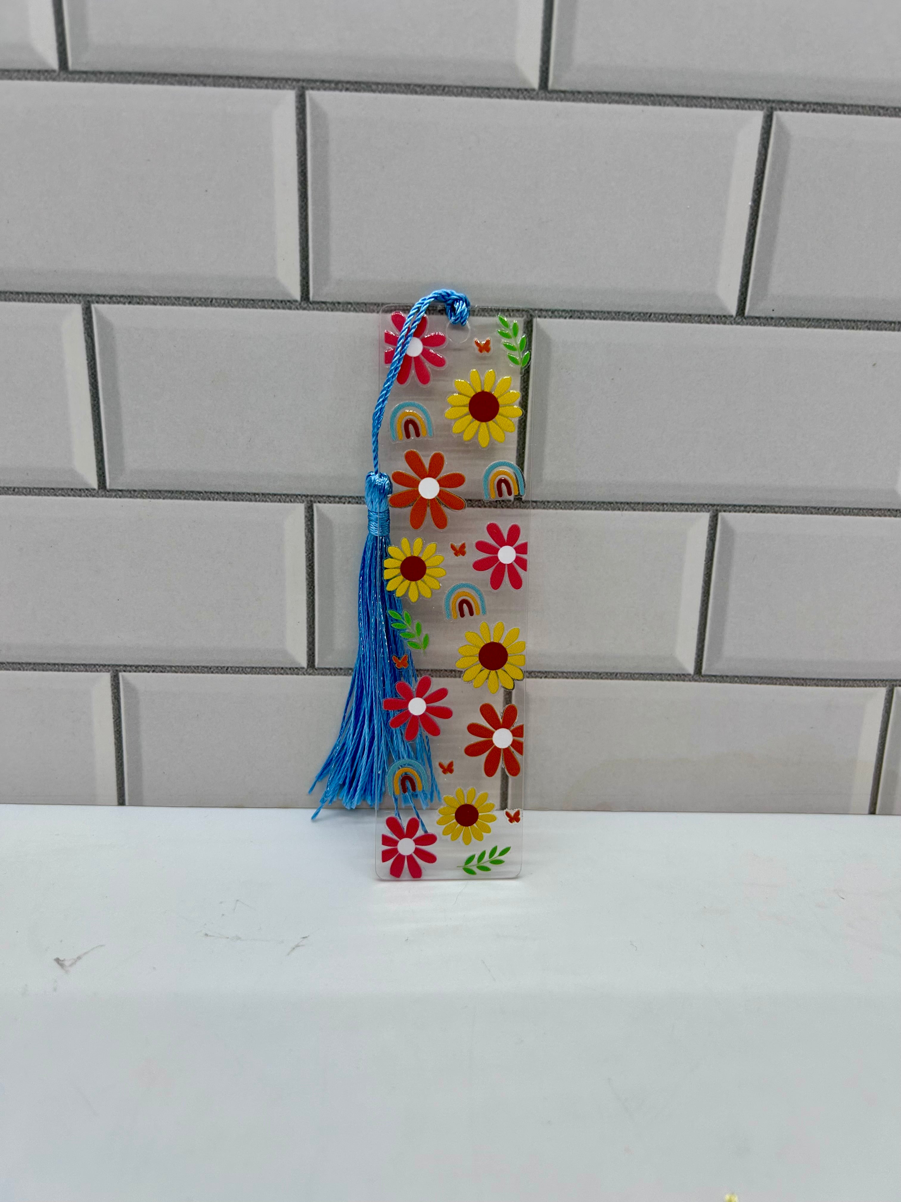 Acrylic Bookmark with Blue Colored Tassel, Floral Theme
