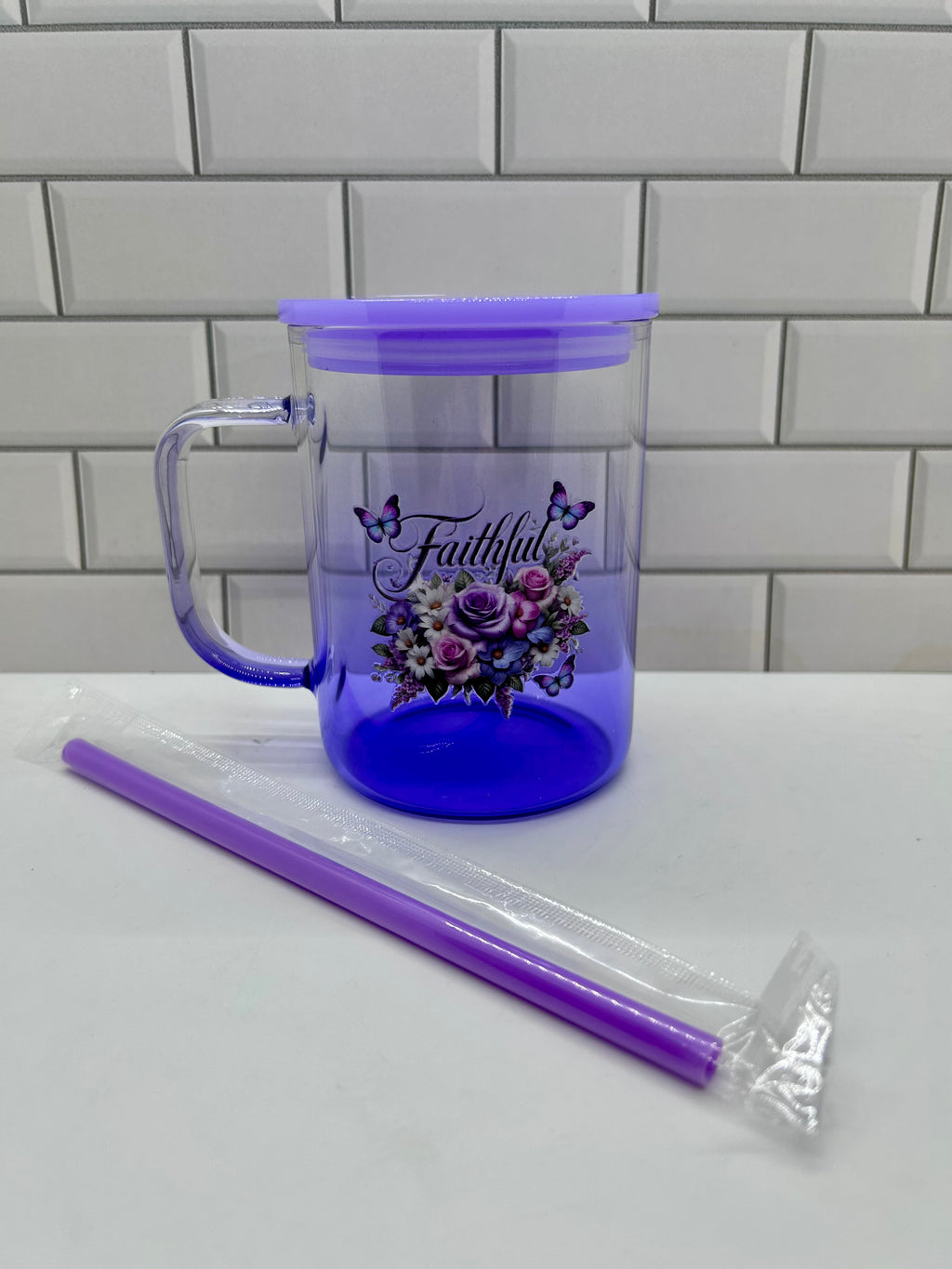 Mug en verre dégradé de 47 cl, violet avec thème inspirant