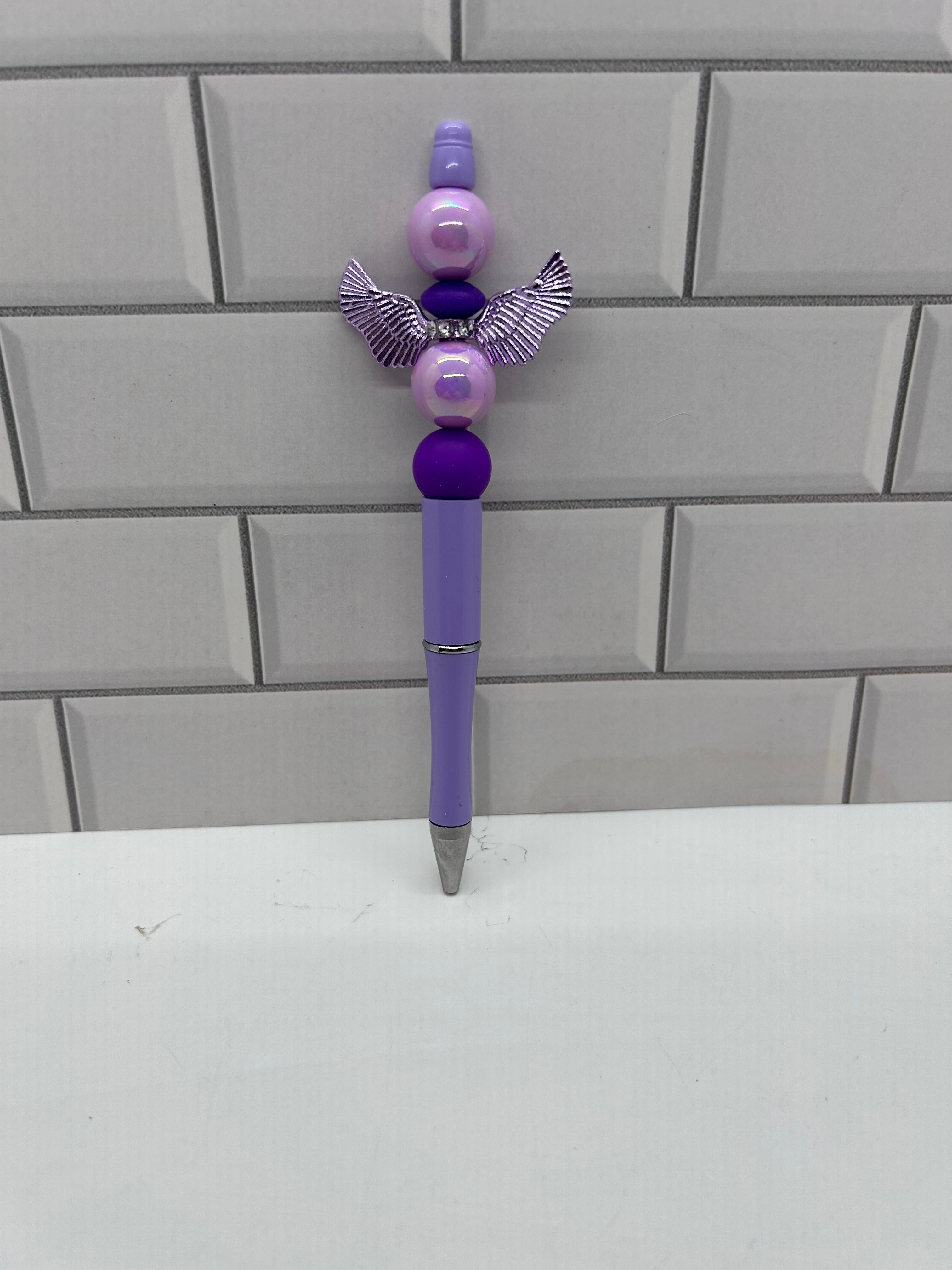 Beaded Ballpoint Pen-Purple with Acrylic & Silicone Beads with Wings Focal