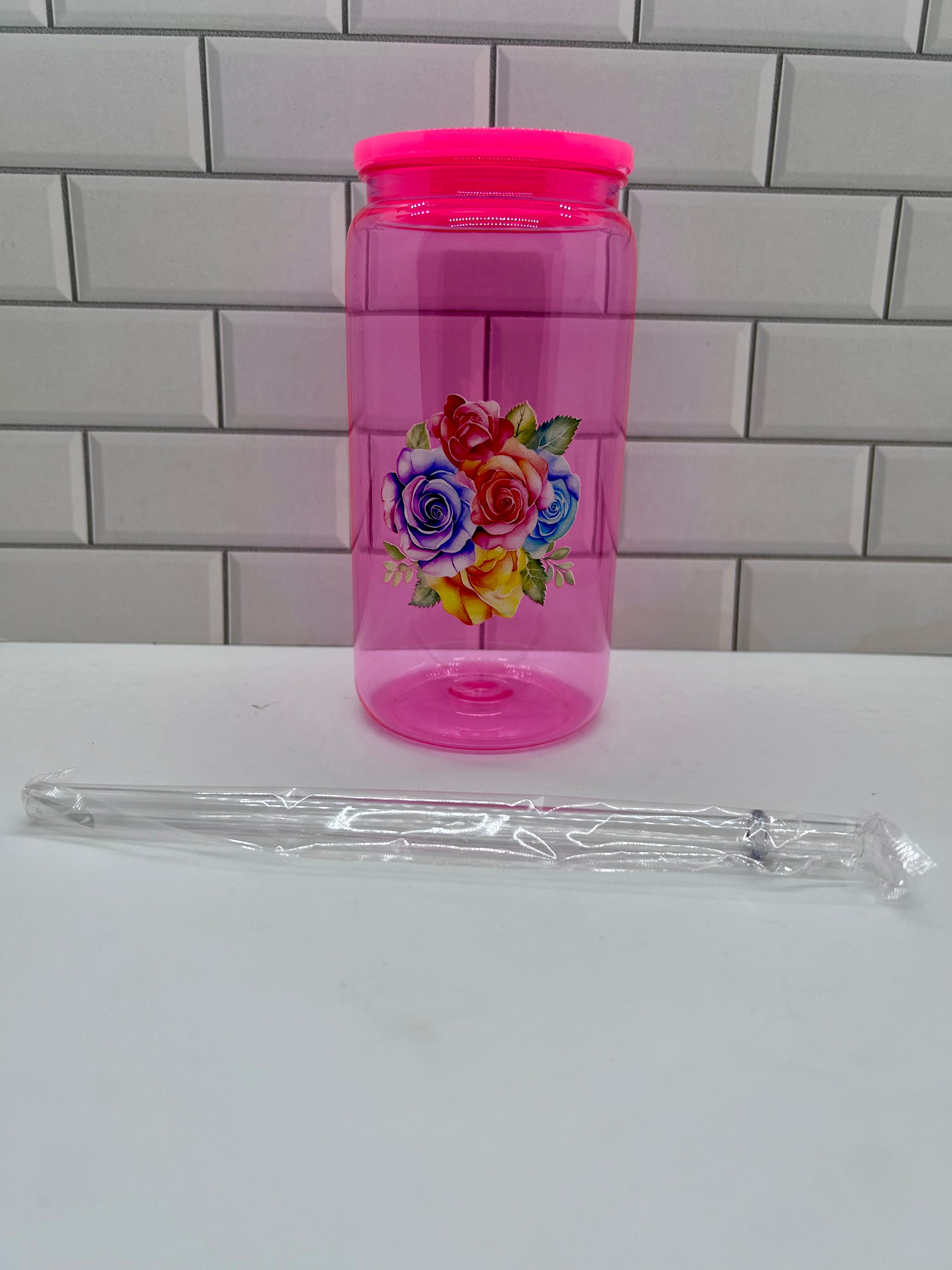 16 oz Acrylic Ombre Tumbler with Floral Theme-Pink