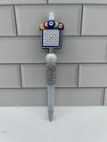 Stylo bille orné de perles, blanc avec motif Bingo
