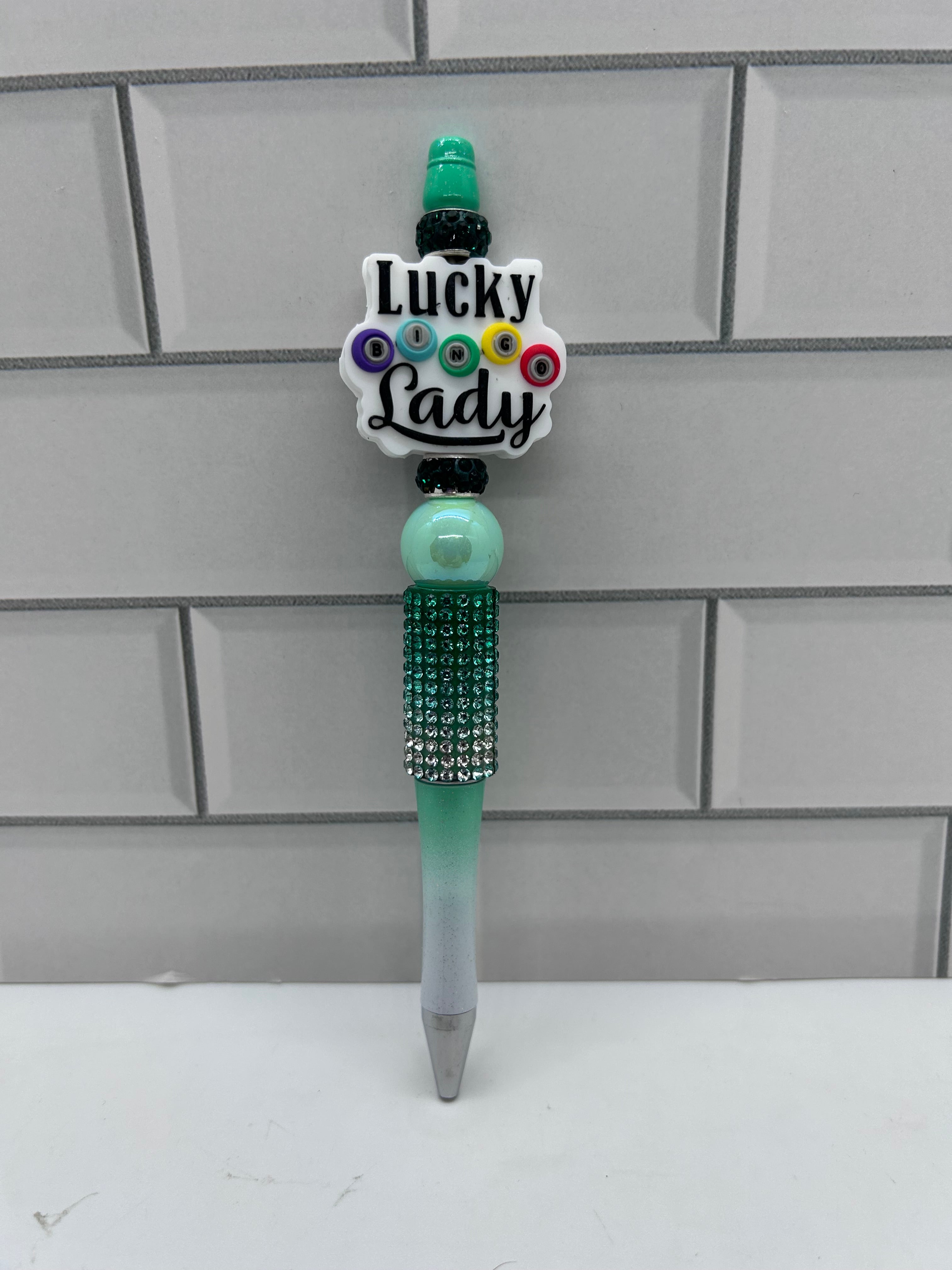 Stylo à bille perlé, dégradé blanc/vert thème Bingo