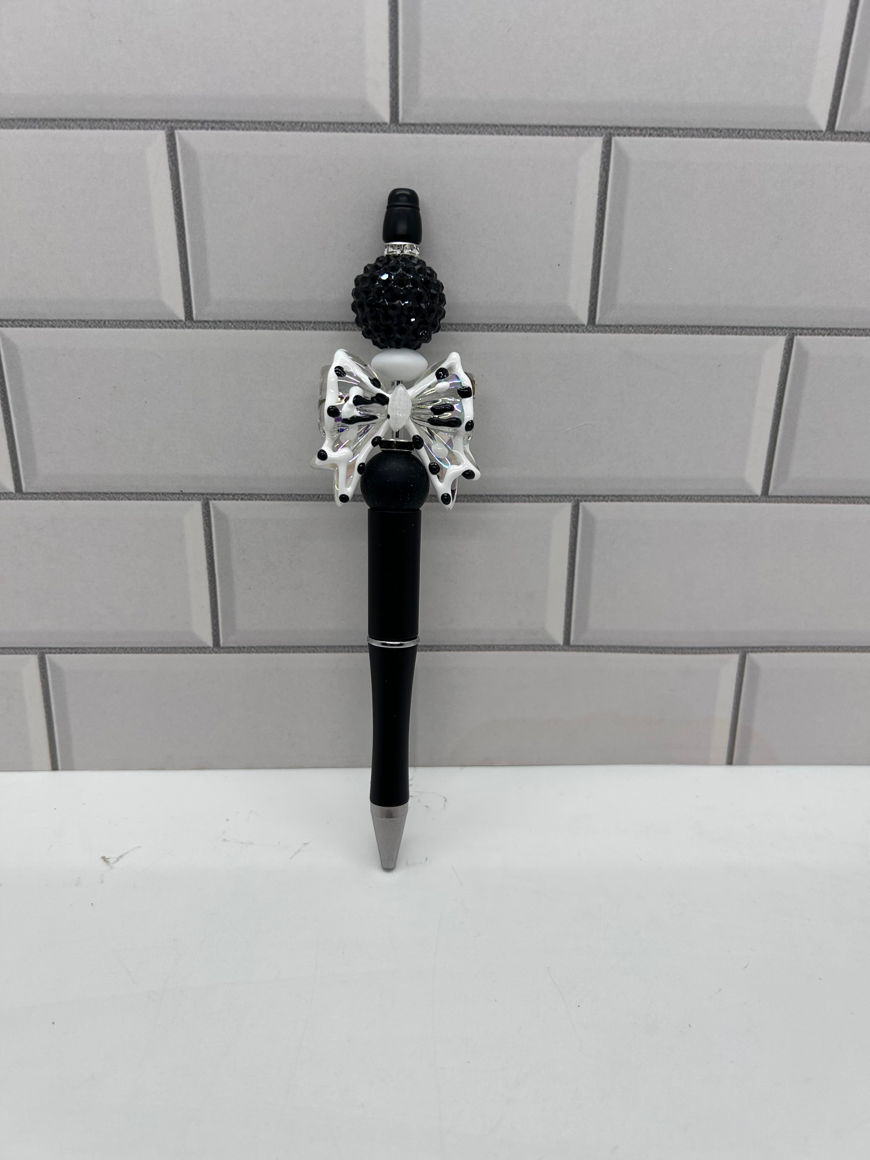 Beaded Ballpoint Pen-Black with Acrylic & Silicone Beads with Bow Focal