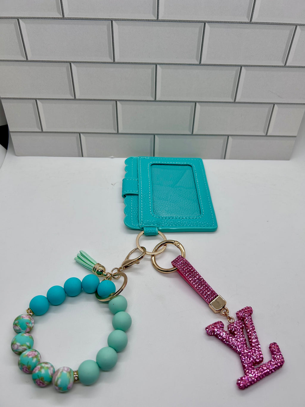I.D. Wristlet Keychain Bundle-Teal with Pink LV Charm