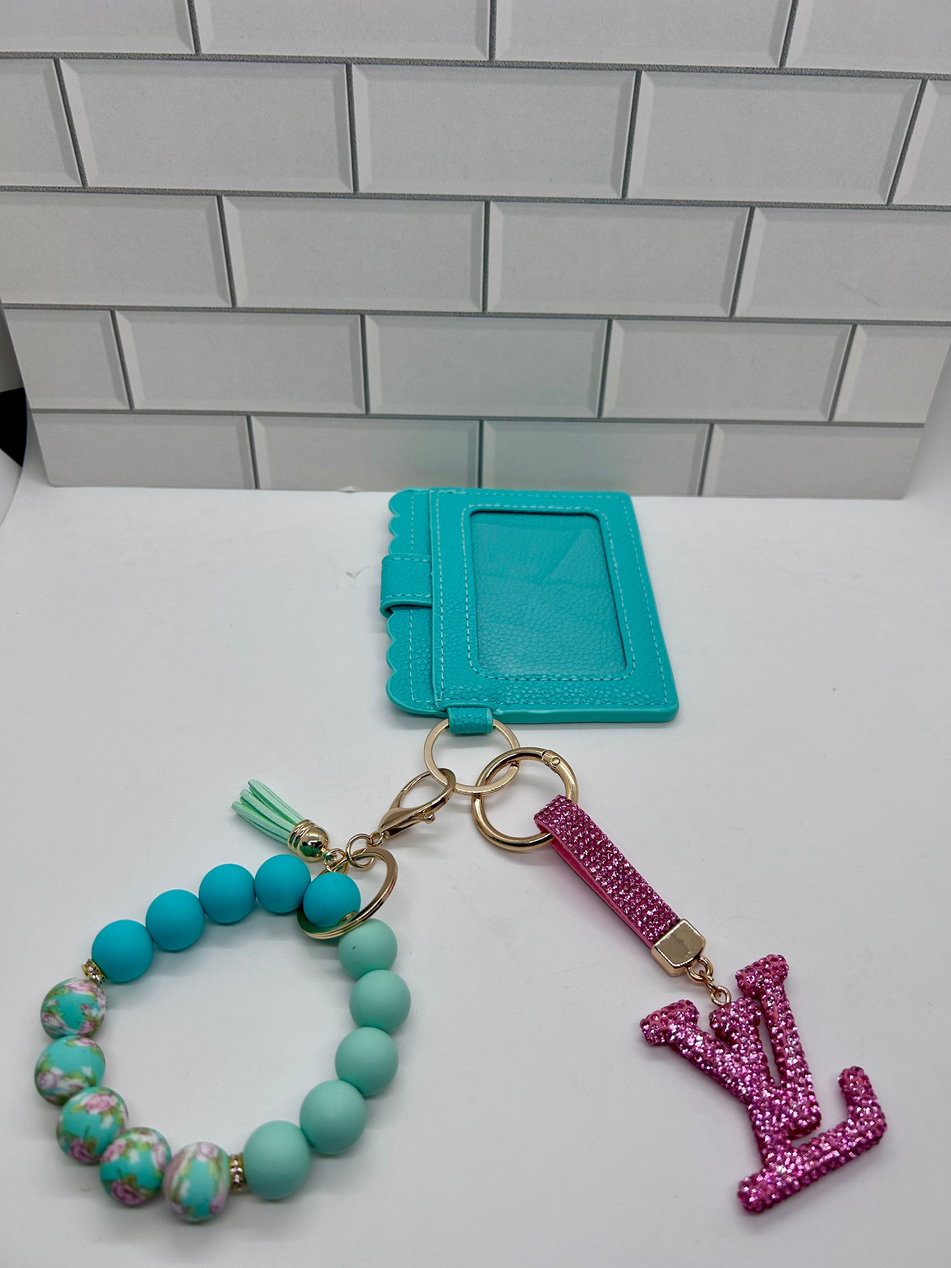 I.D. Wristlet Keychain Bundle-Teal with Pink LV Charm