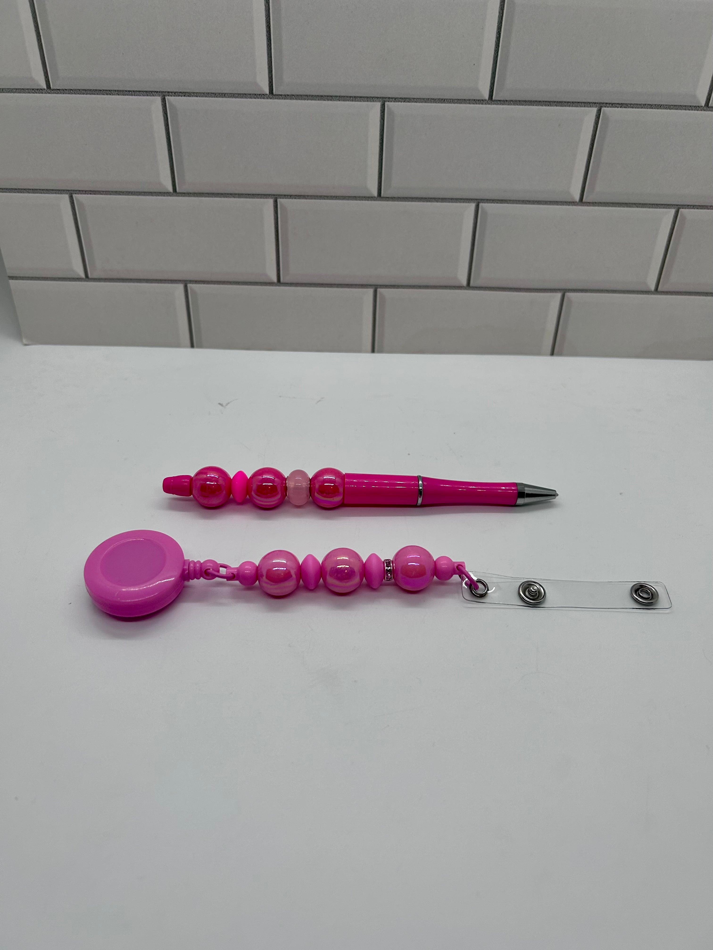 Beaded Badge Reel with Matching Beaded Pen-Pink