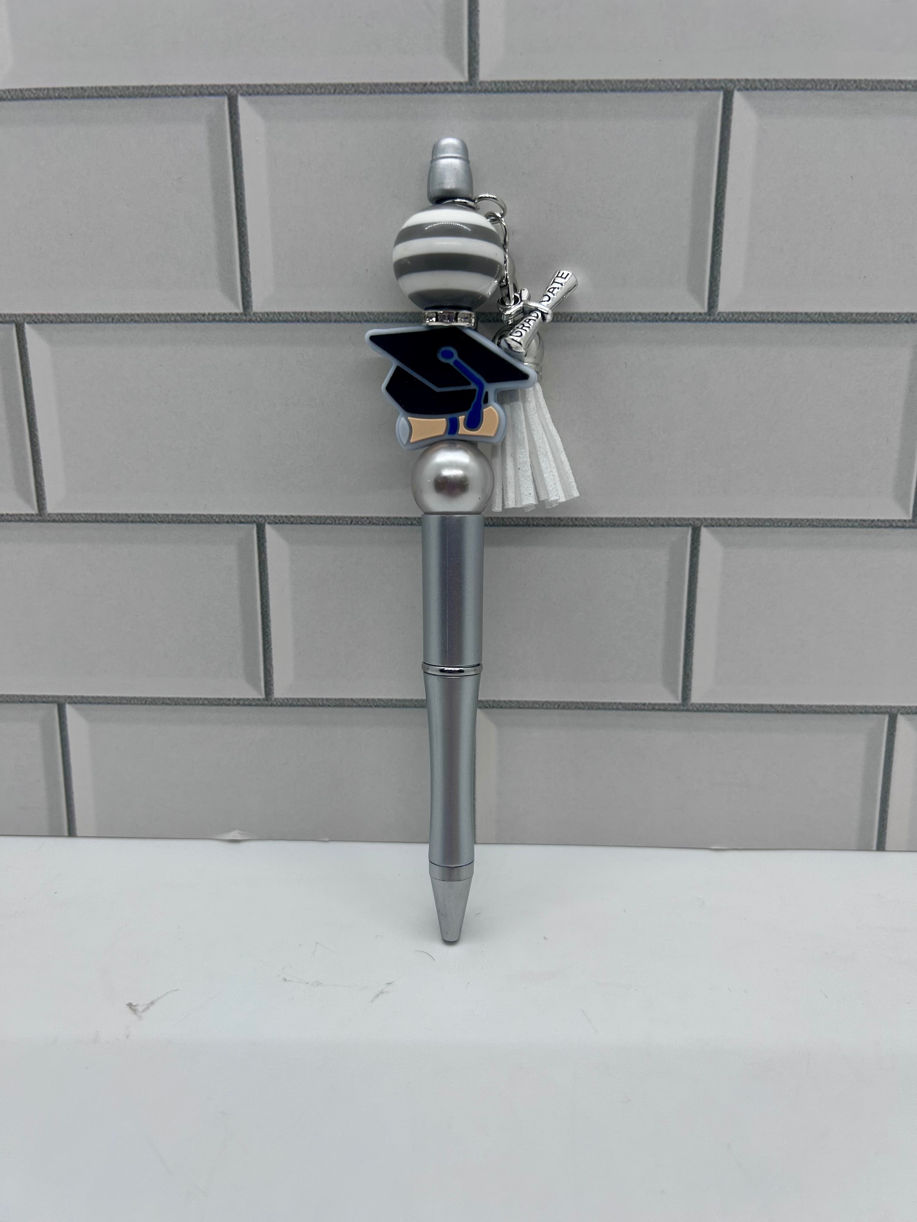 Beaded Ballpoint Pens-Grey with Graduation Theme