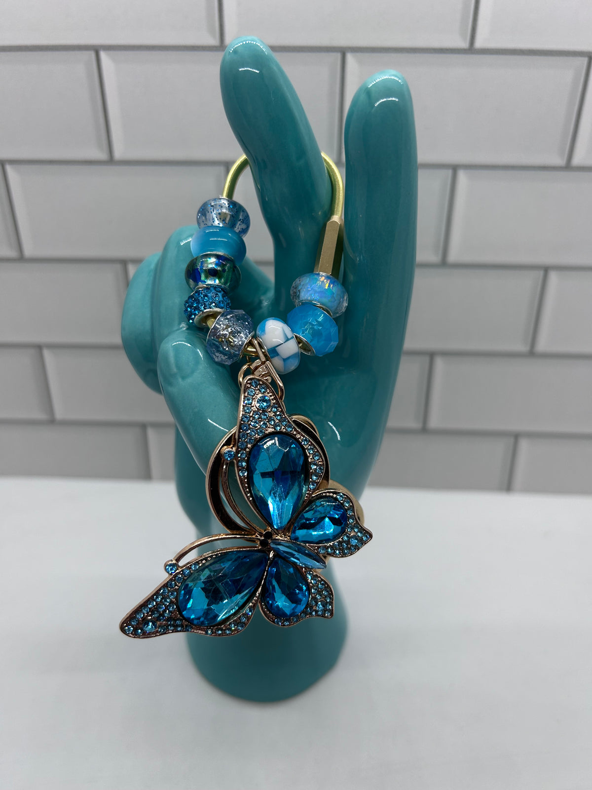 Gold Carabiner Beaded Bag Charms-Blue Acrylic Beads with Blue Rhinestone Butterfly Charm