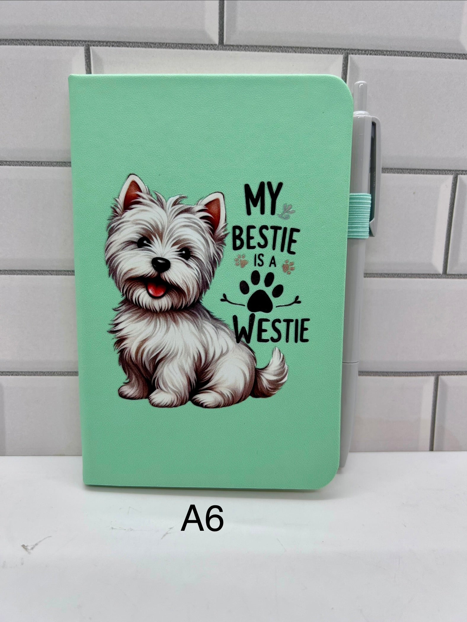 A6 Blank Lined Journal Featuring A Beautiful Westie Design-Green
