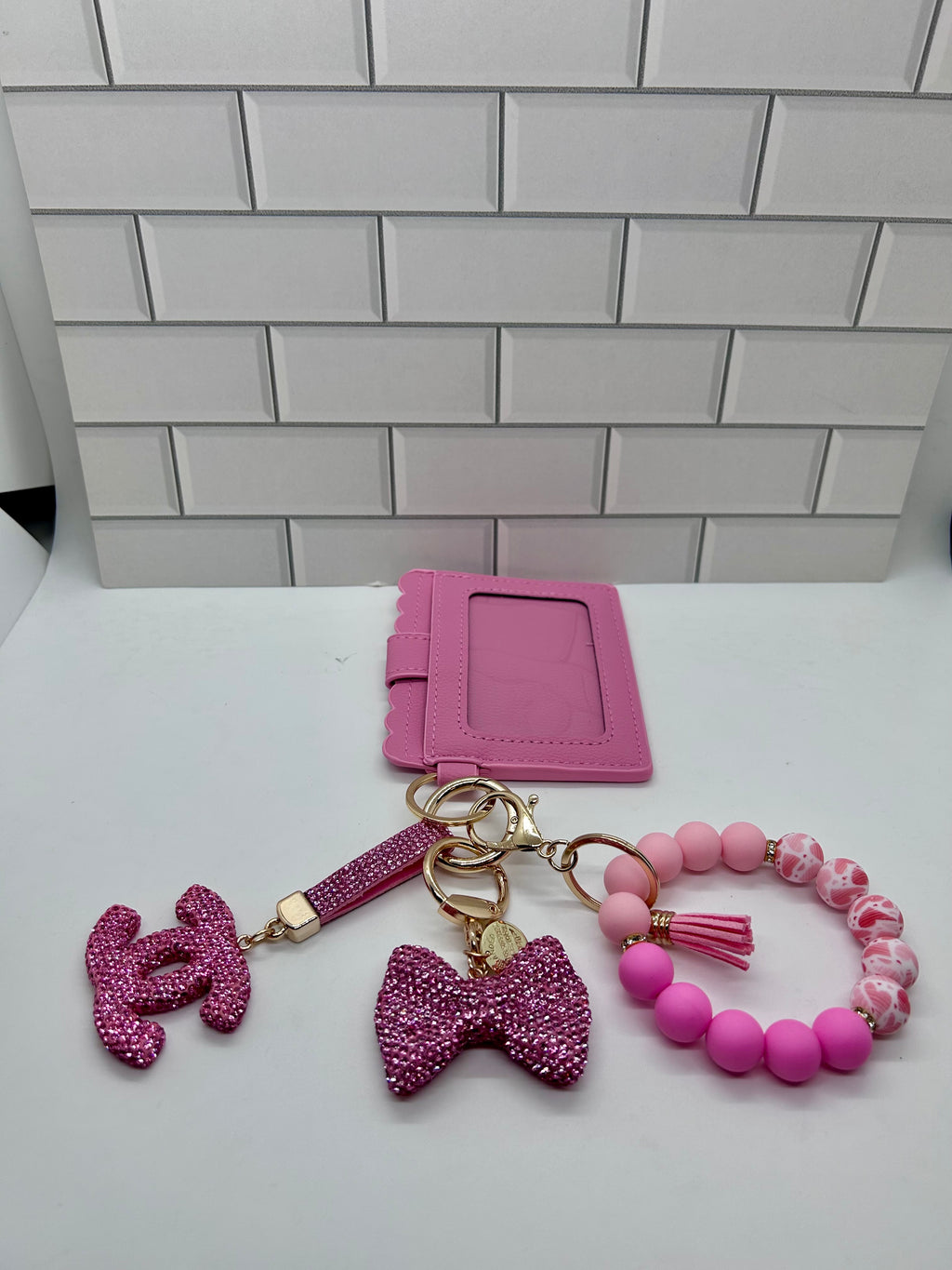 I.D. Wristlet Keychain Bundle-Pink with Pink CC Charm, Pink Bow Charm, Silicone Bracelet