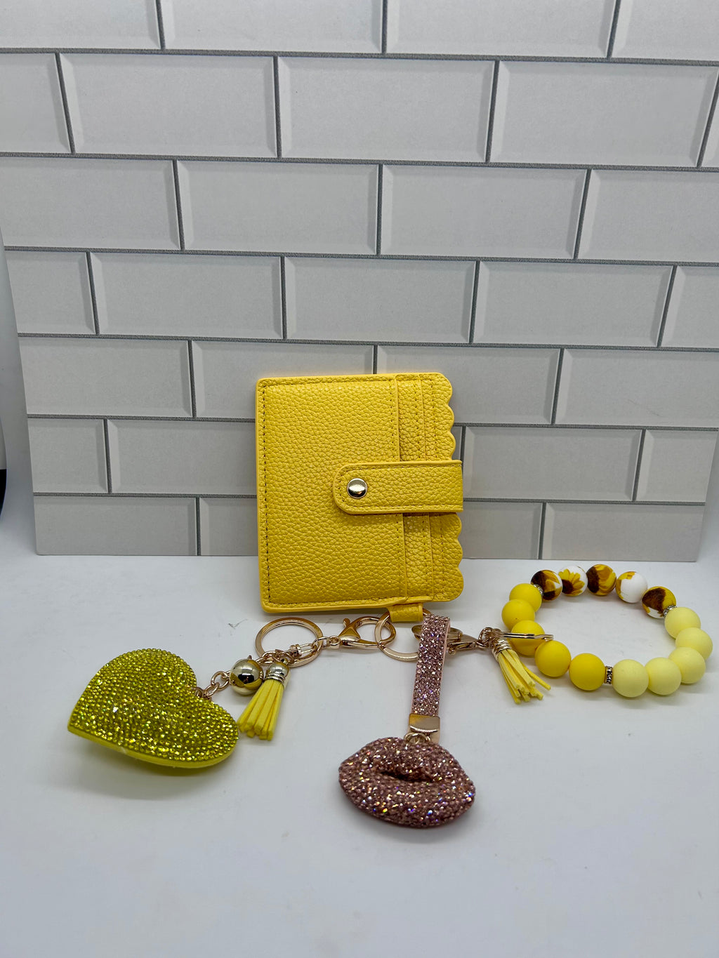 I.D. Wristlet Keychain Bundle-Yellow with Yellow Rhinestone Heart, Champagne Lip Charm, Silicone Bracelet