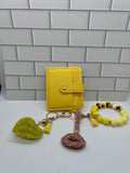 I.D. Wristlet Keychain Bundle-Yellow with Yellow Rhinestone Heart, Champagne Lip Charm, Silicone Bracelet