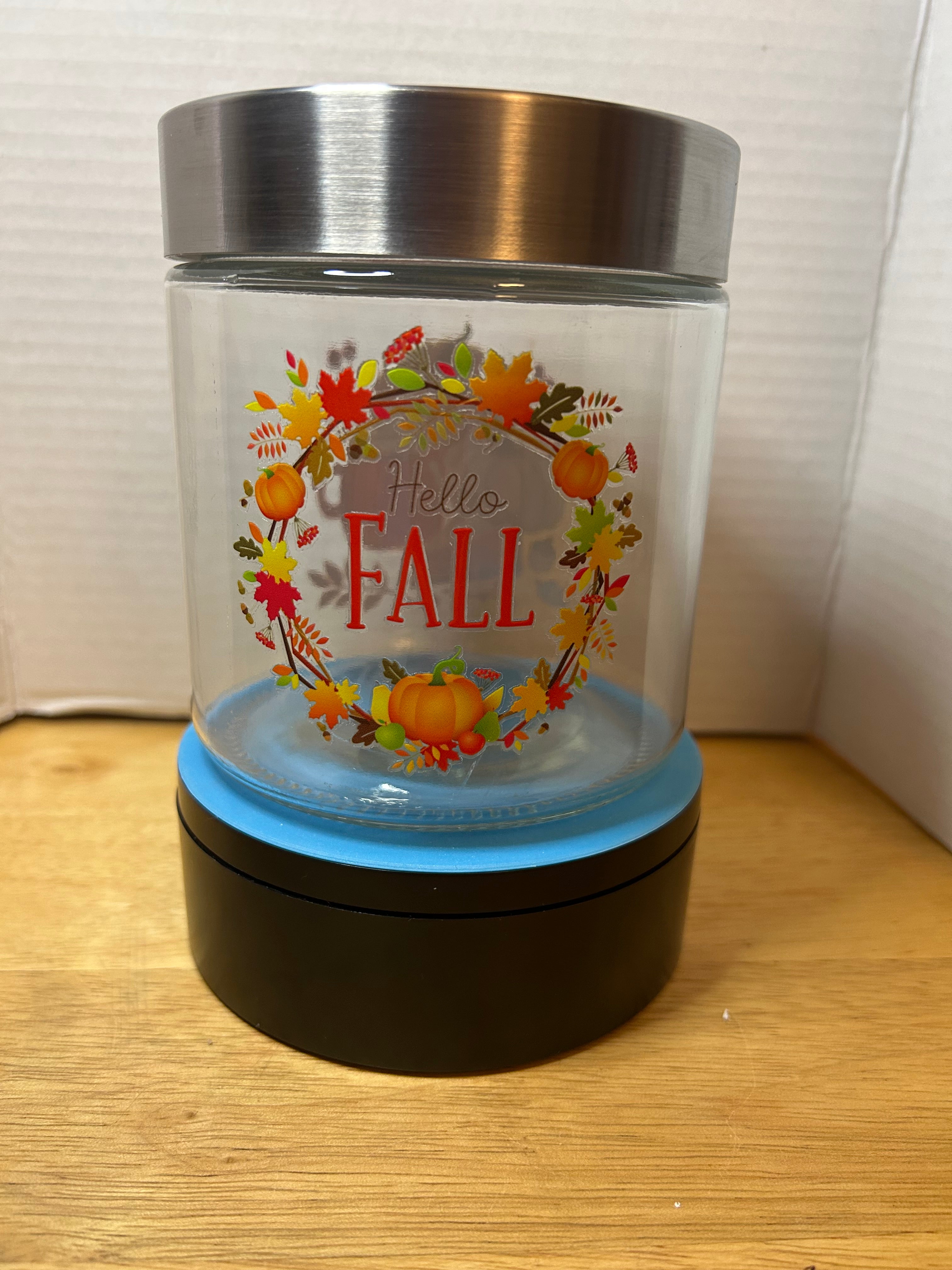 Petit bocal en verre avec couvercle en métal, orné d'un magnifique motif d'automne