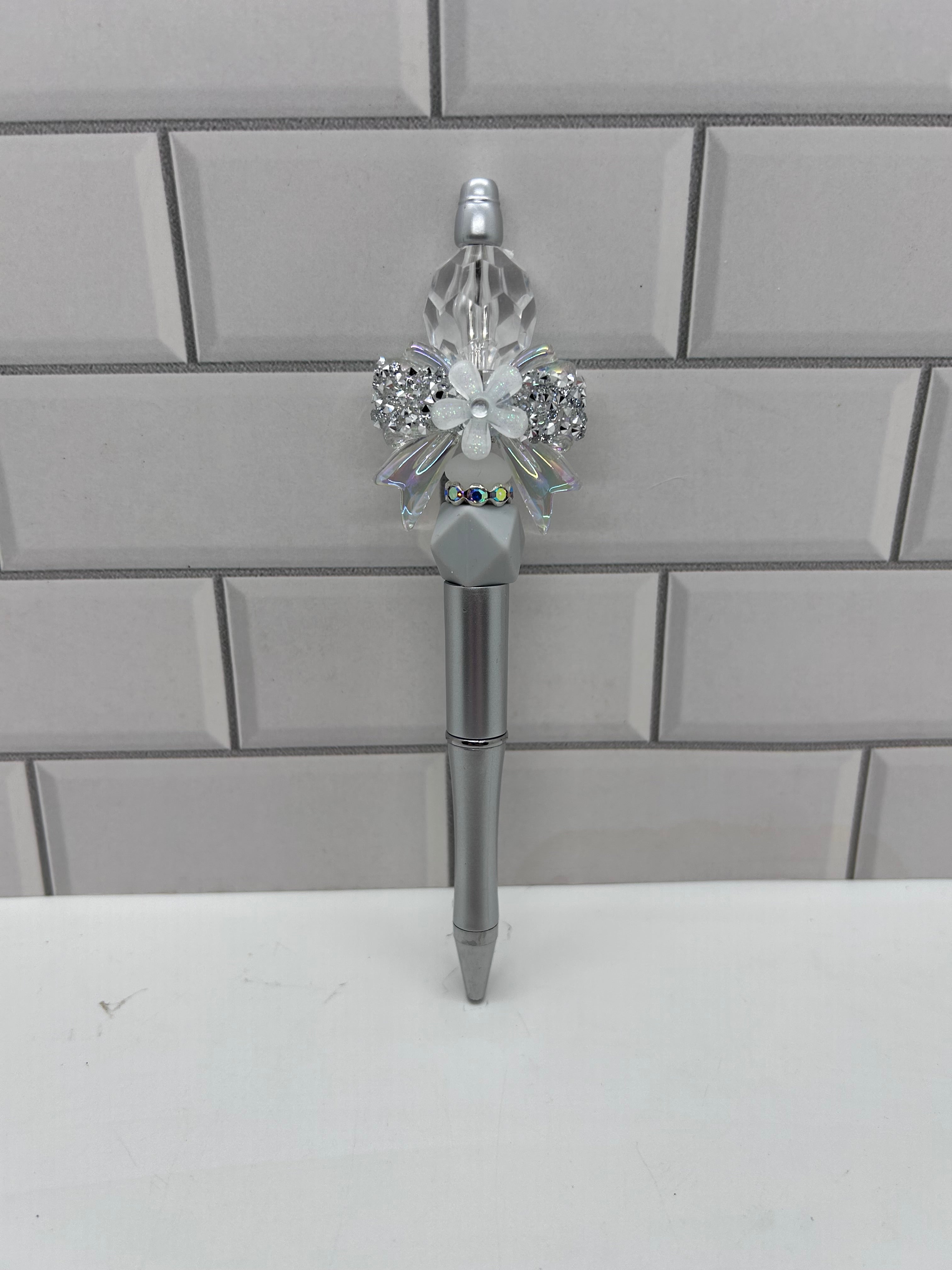 Beaded Ballpoint Pen-Silver with Bow Focal