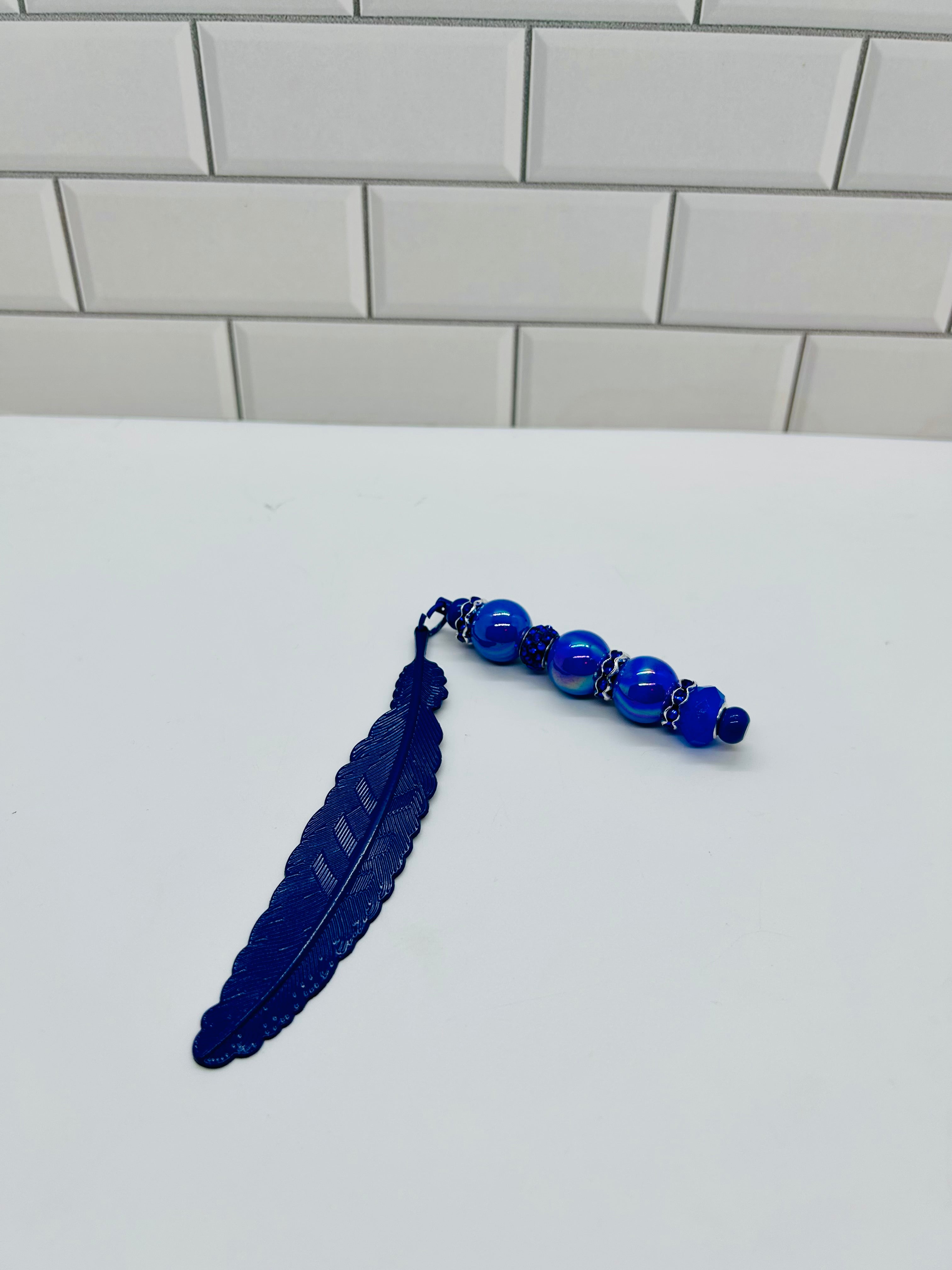 Metal Feather Beaded Bookmark-Blue