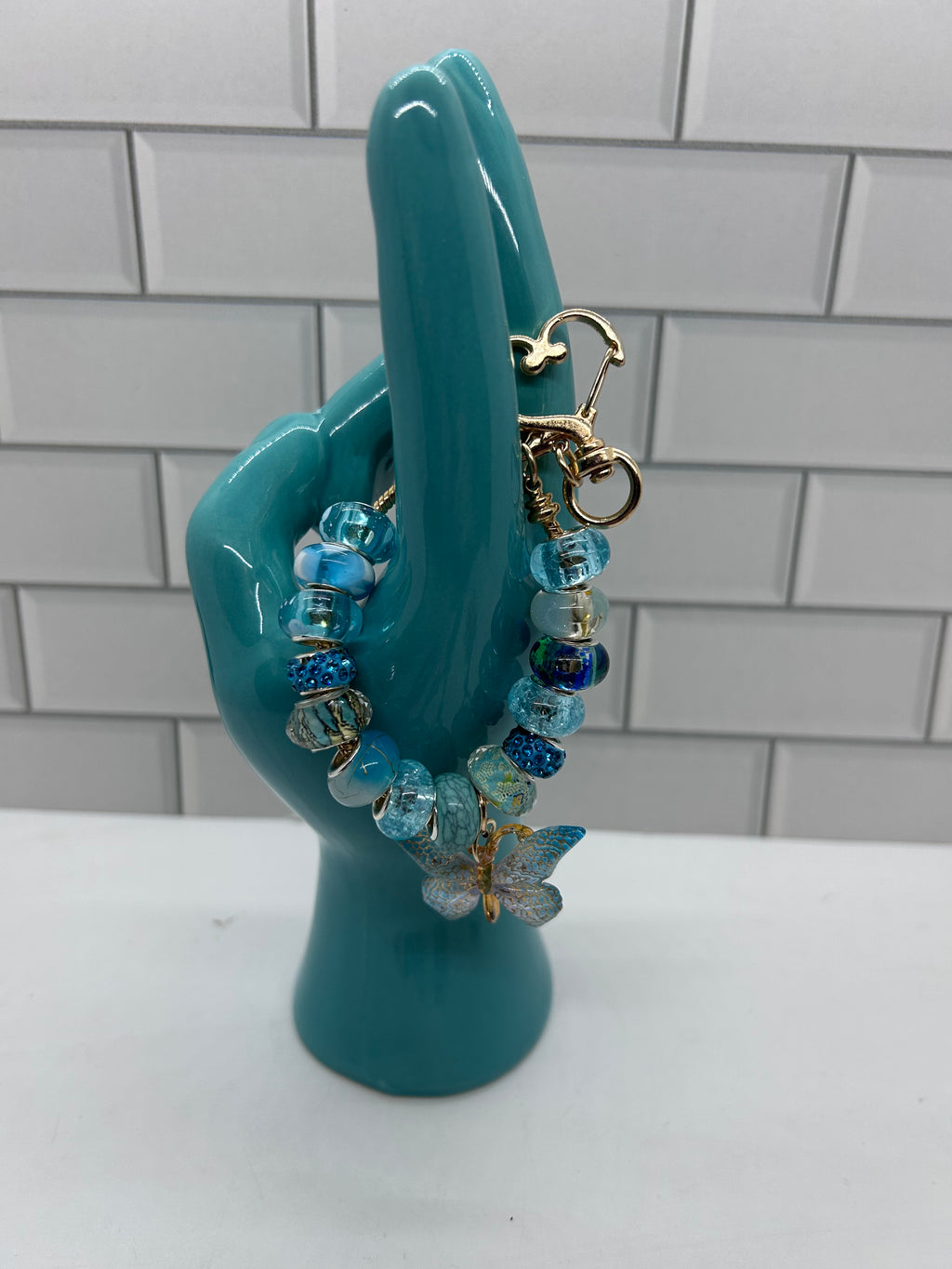 Beaded Gold  Bag Charms-Light Blue Acrylic Beads with Light Blue Butterfly Charm