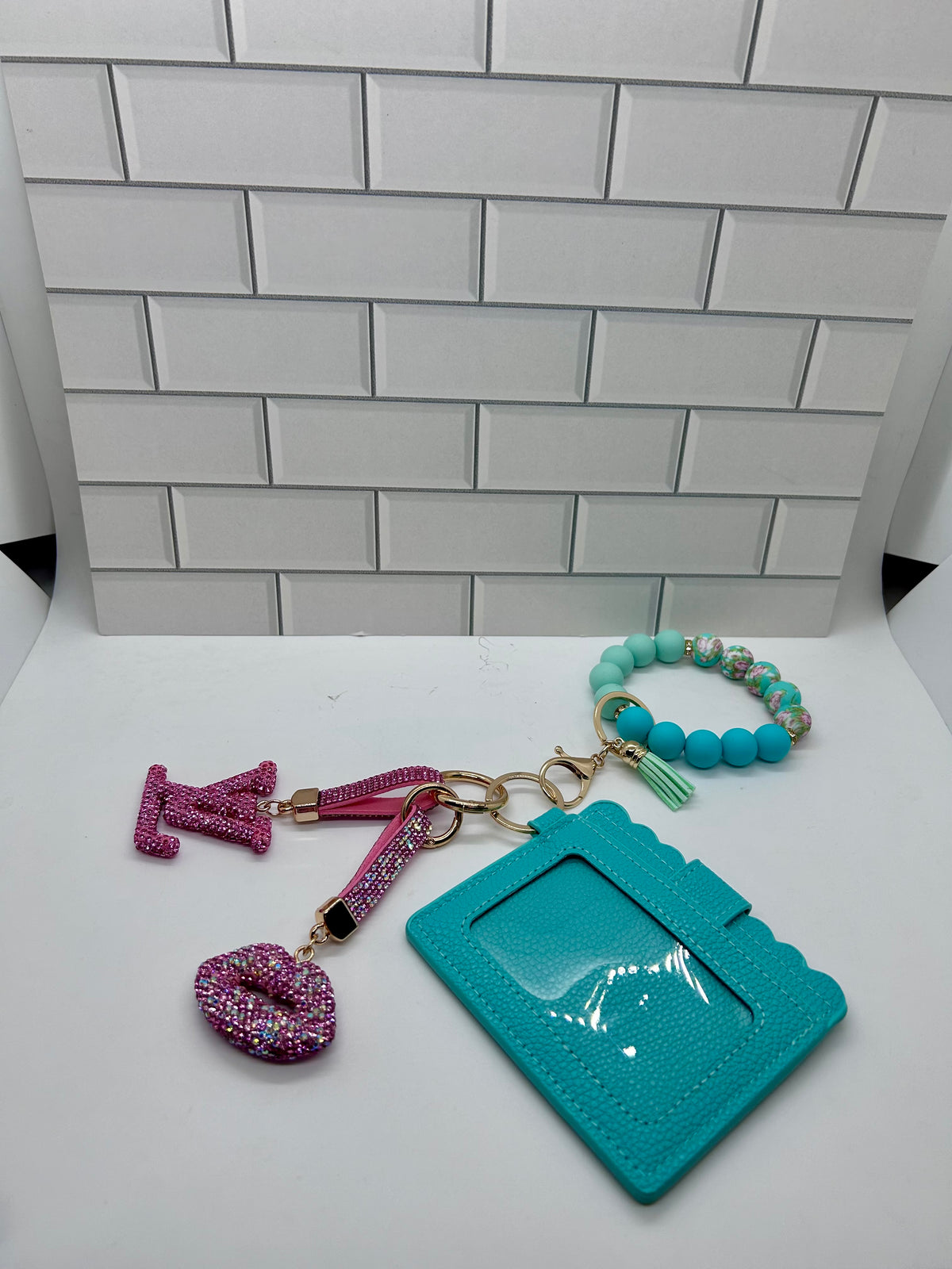 I.D. Wristlet Keychain Bundle-Teal with Pink LV Charm, Pink Lip Charm, Silicone Bracelet