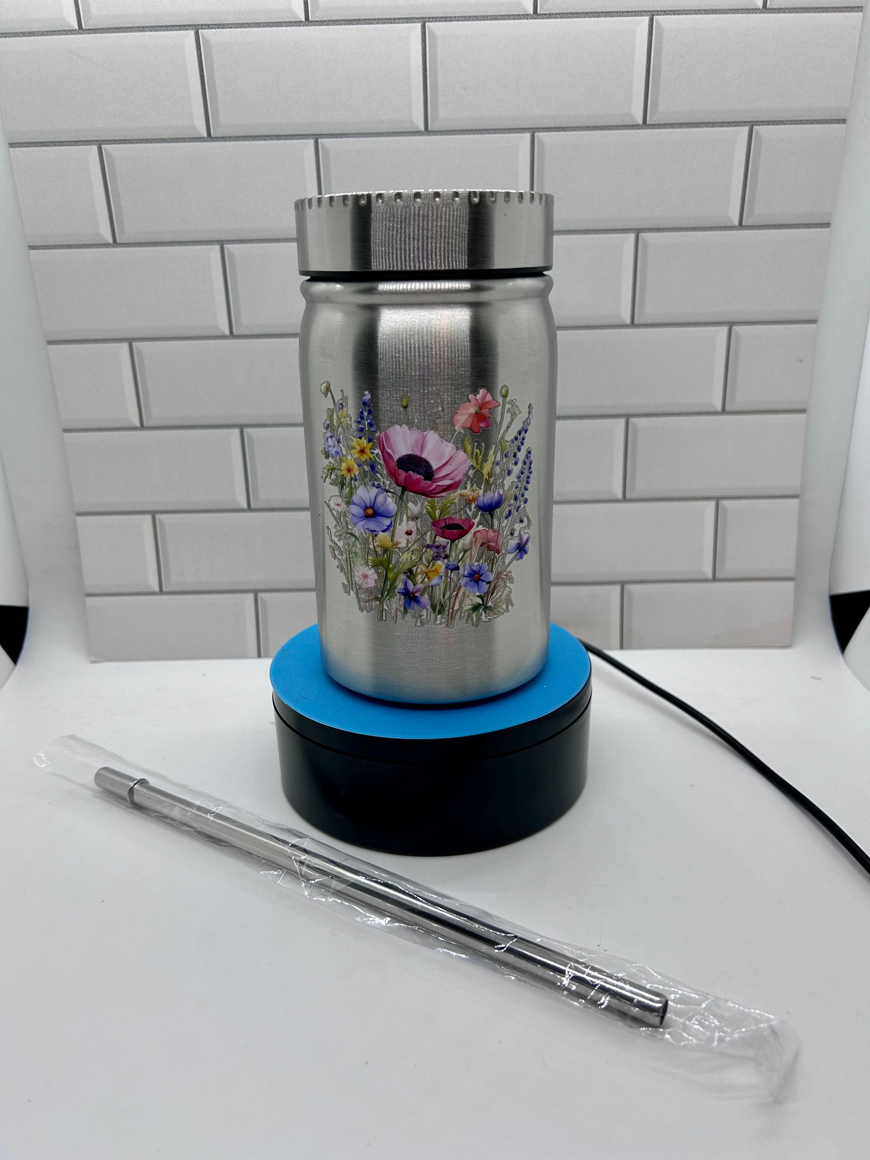 17 oz Metal Mason Jar Tumbler with Floral Theme