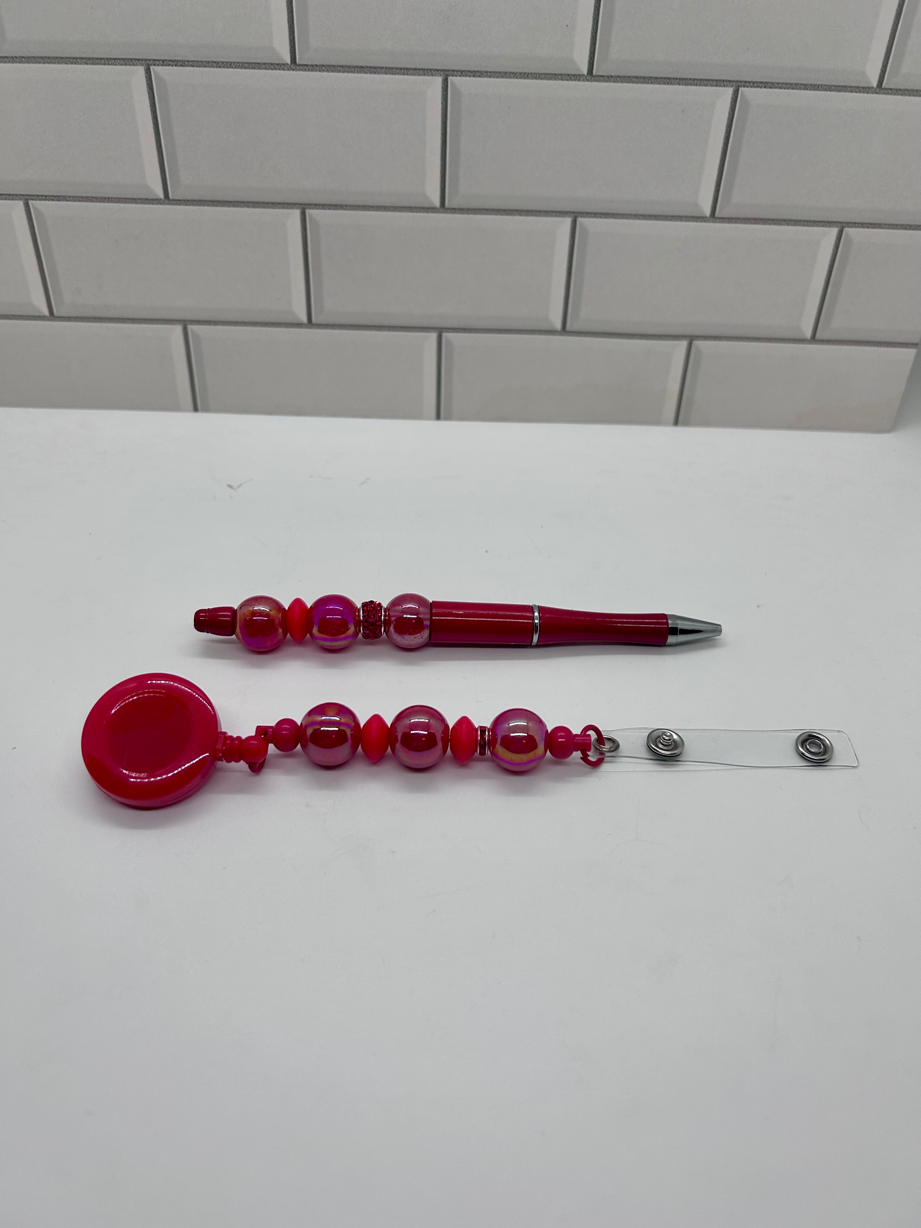Beaded Badge Reel with Matching Beaded Pen-Red