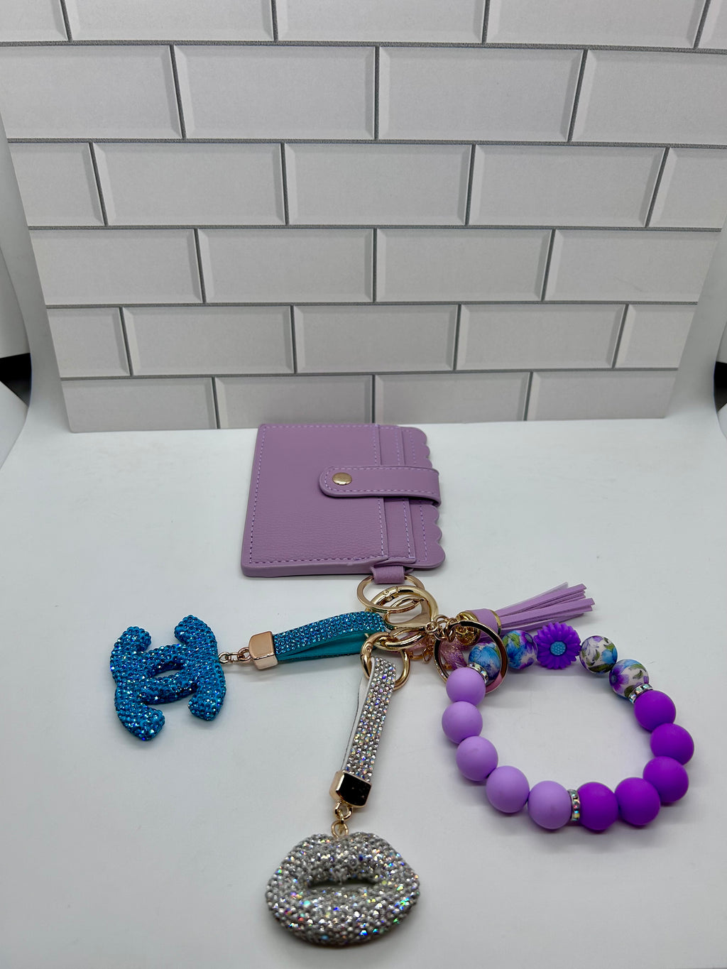 I.D. Wristlet Keychain Bundle Purple with Blue CC Charm, White Lips Charm, Silicone Bracelet