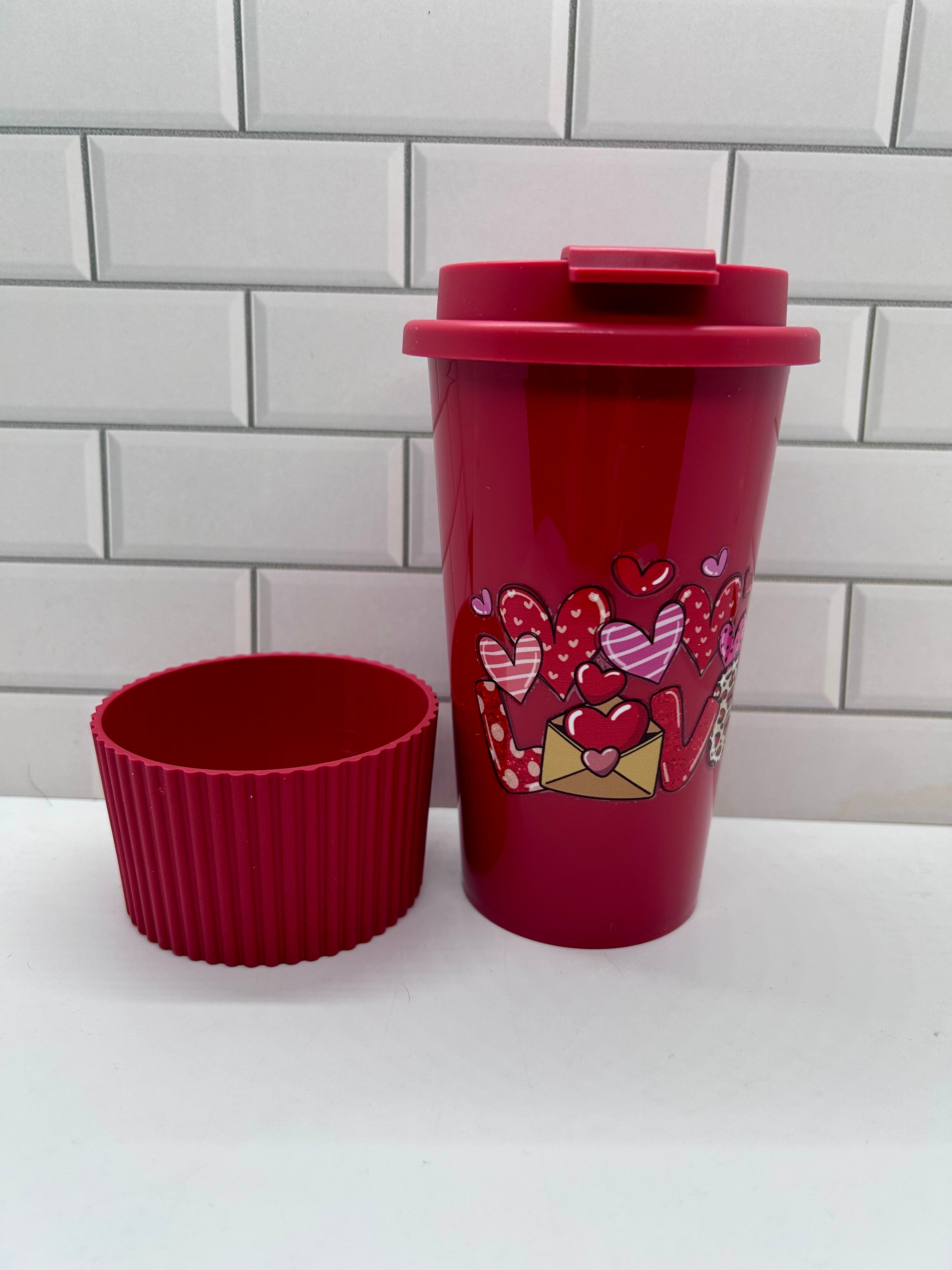 18 oz Hot/Cold Plastic Tumblers with Valentine’s Day Design-Red