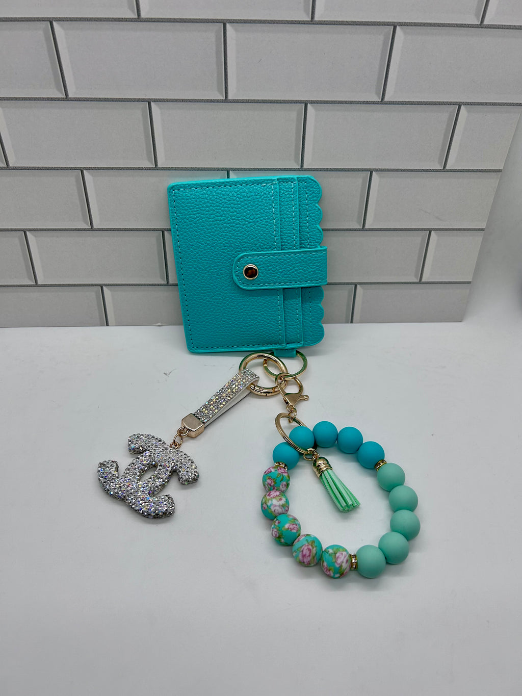 I.D. Wristlet Keychain Bundle-Teal with White Cc Charm