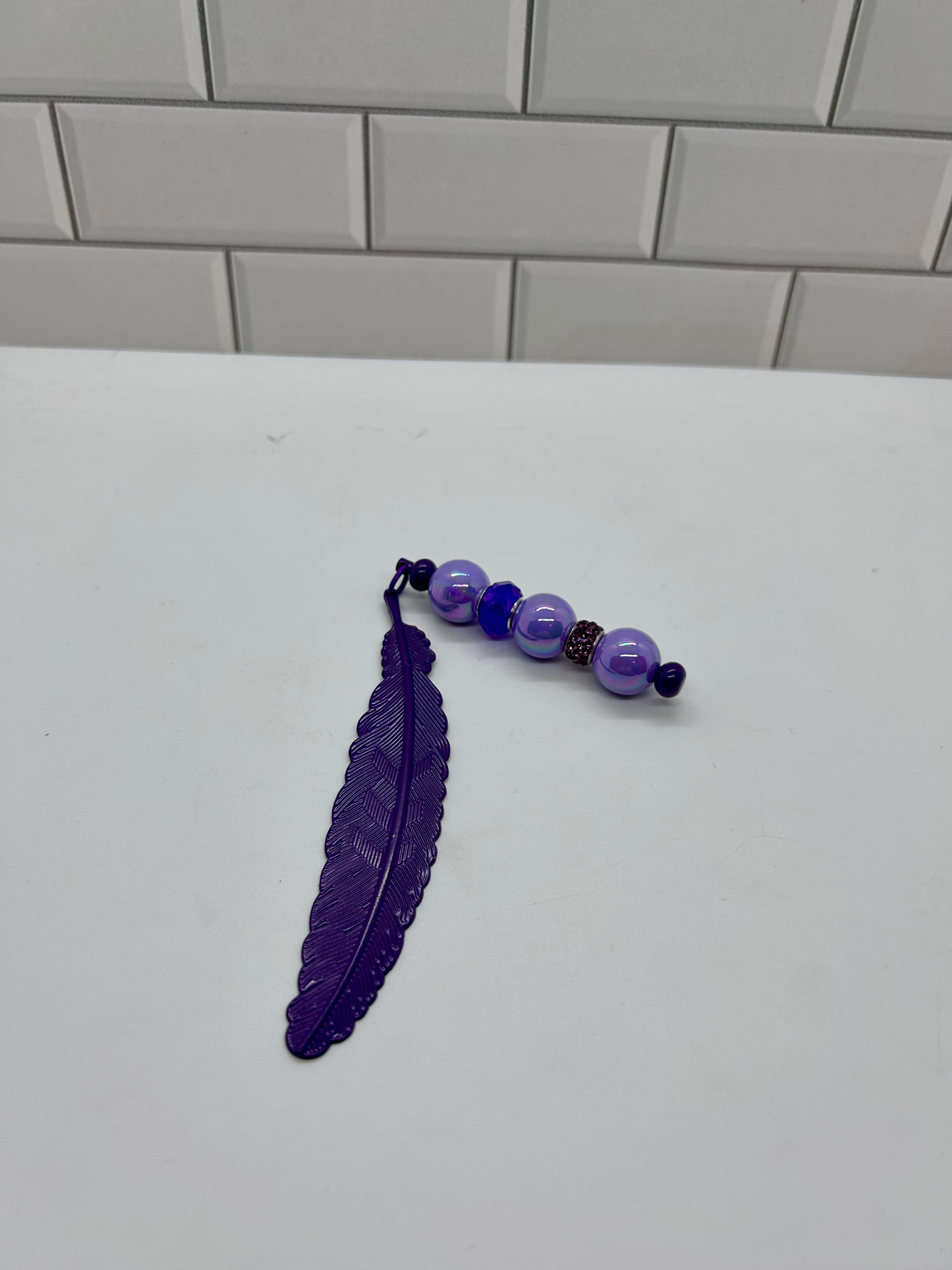 Metal Feather Beaded Bookmark-Purple