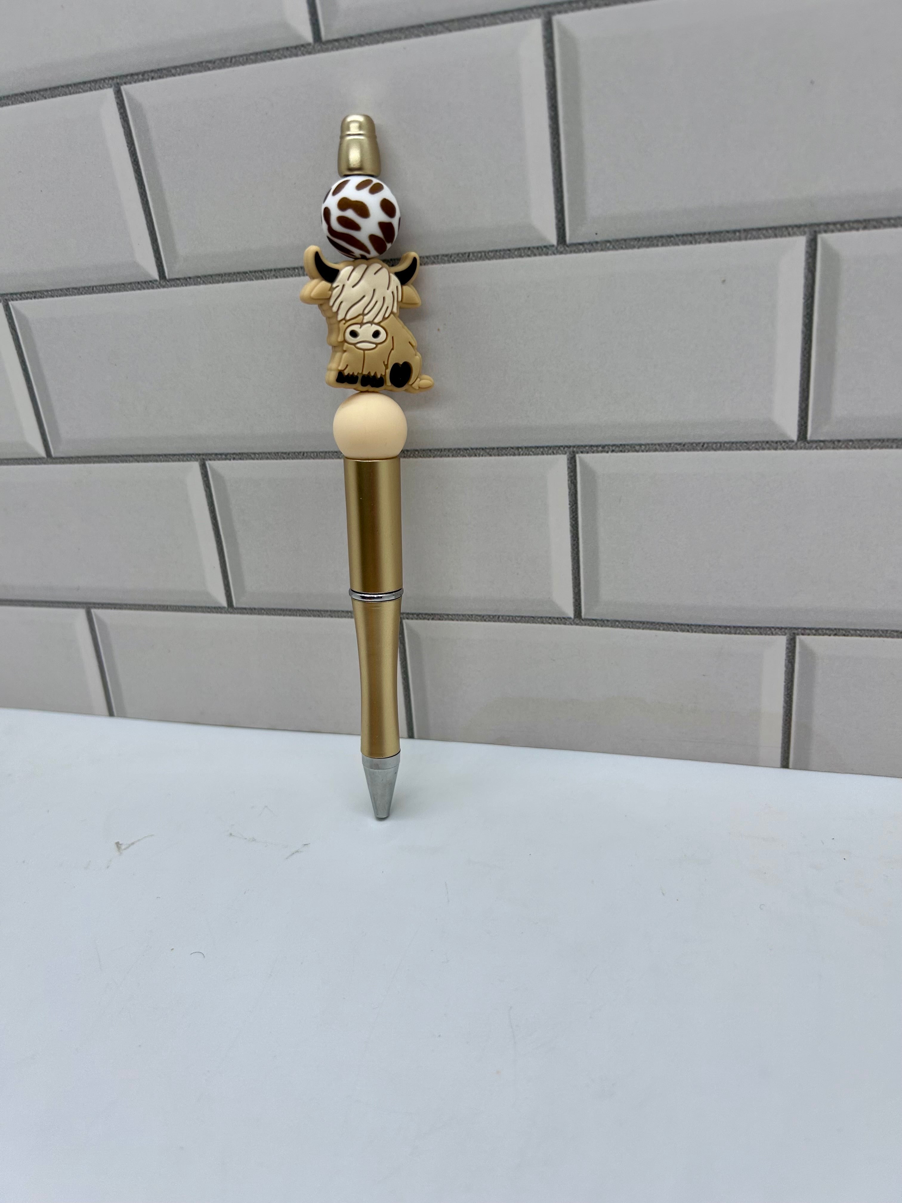 Beaded Ballpoint Pen- Gold Silicone with Cow Theme Focal