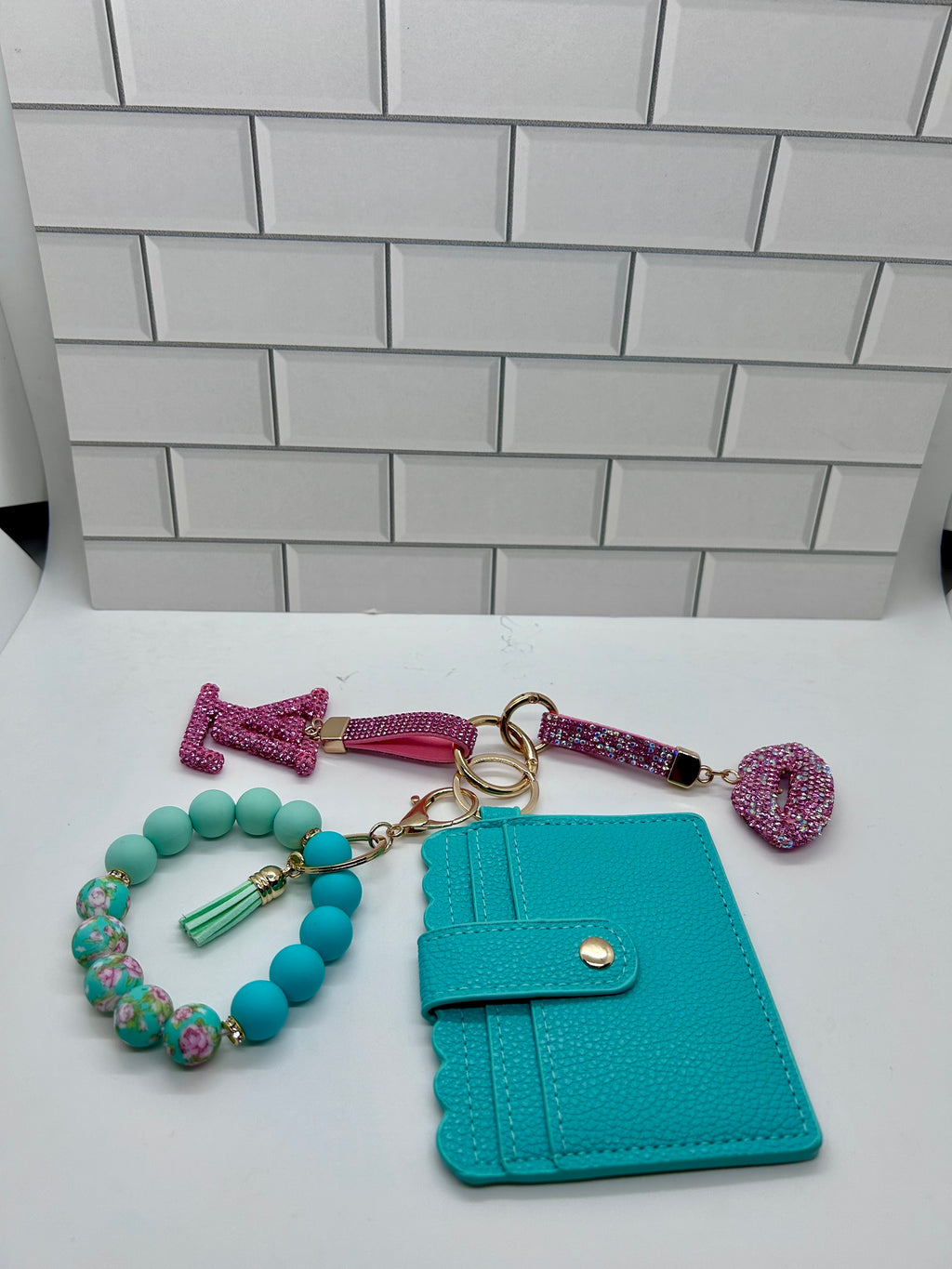 I.D. Wristlet Keychain Bundle-Teal with Pink LV Charm, Pink Lip Charm, Silicone Bracelet