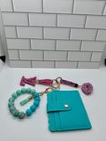 I.D. Wristlet Keychain Bundle-Teal with Pink LV Charm, Pink Lip Charm, Silicone Bracelet