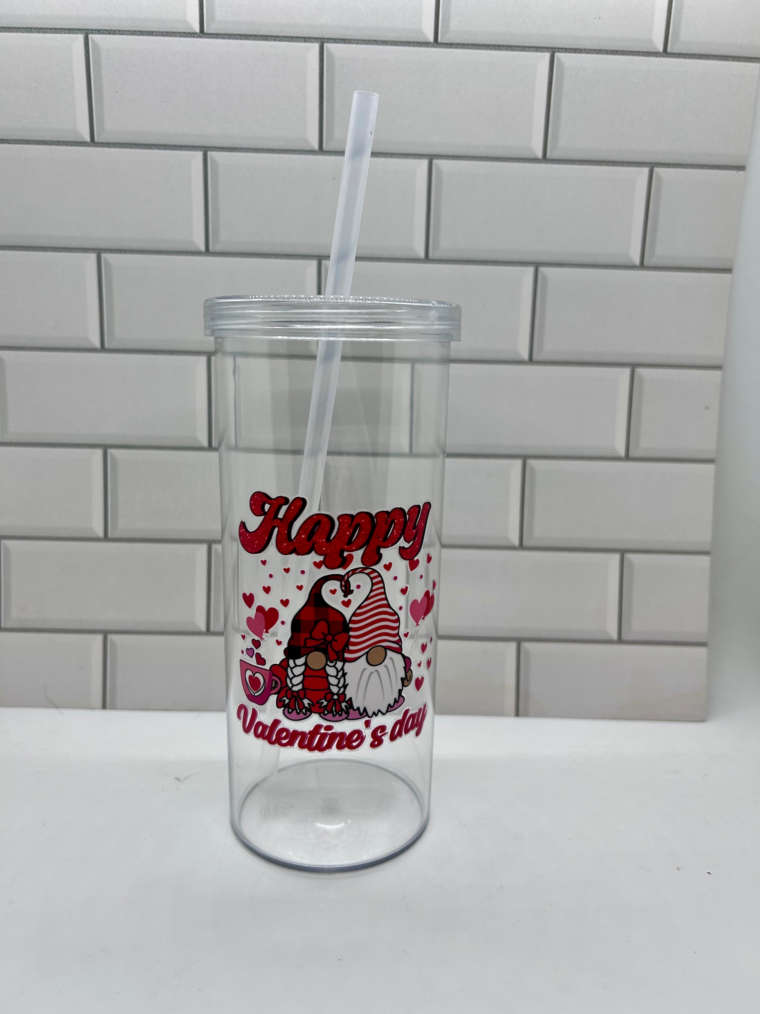 Verres en acrylique de 20 oz avec motif de la Saint-Valentin, couvercle et paille