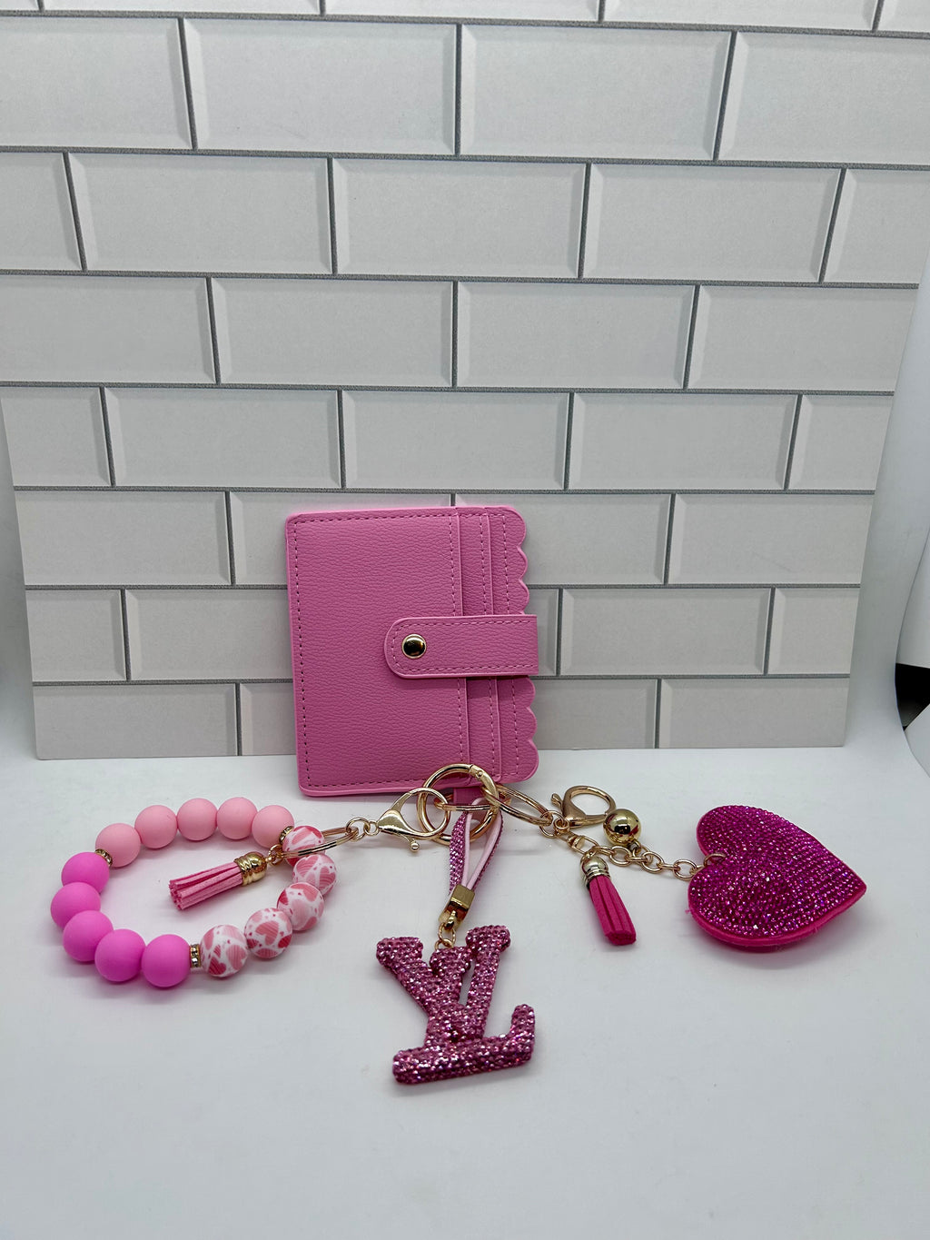 I.D. Wristlet Keychain Bundle-Pink with Pink LV Charm, Pink Heart, Silicone Bracelet