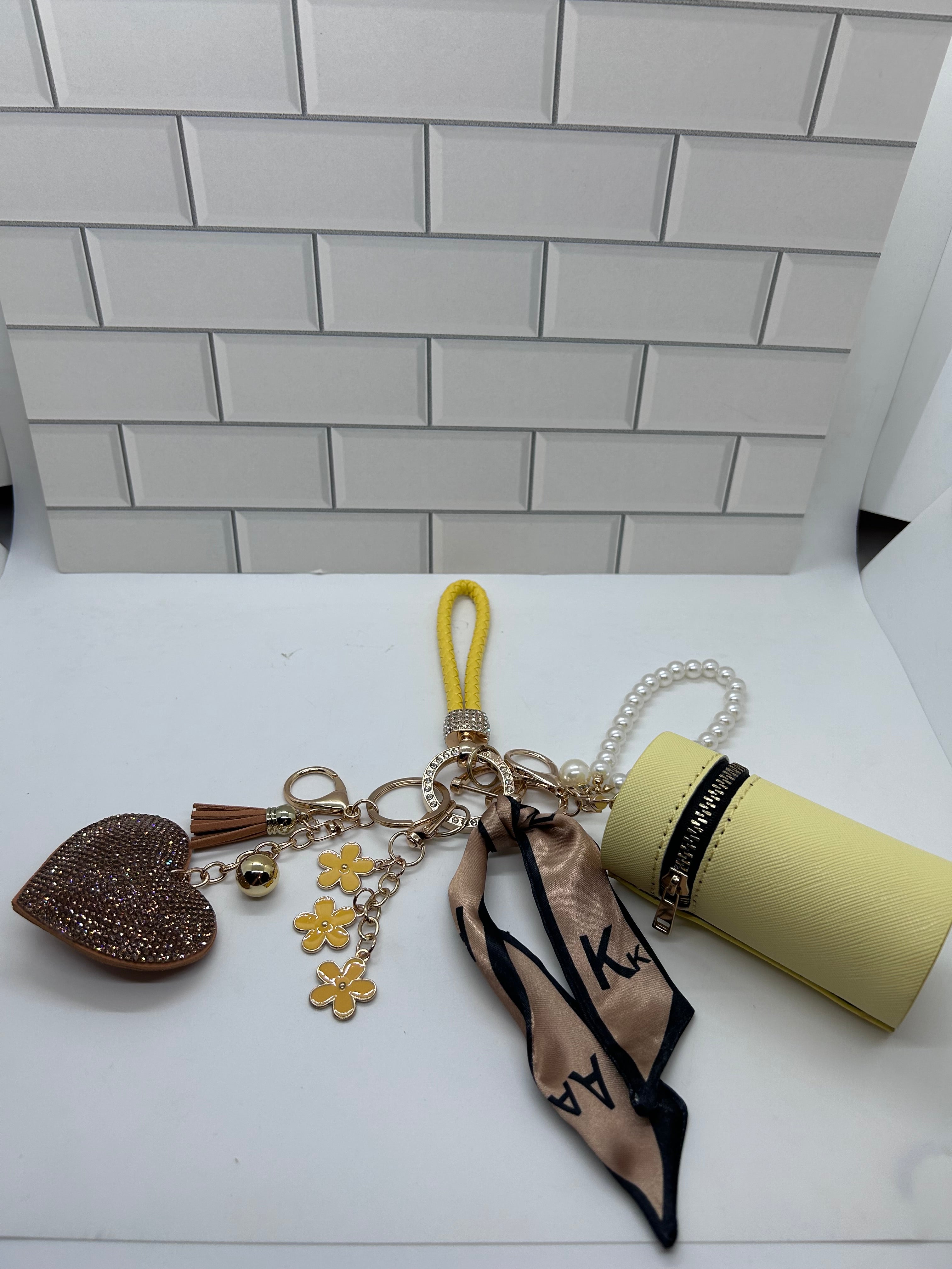 Yellow Wristlet Keychain Bundles-Yellow Cylindrical Bag, Yellow Charms, Champagne Heart Charm