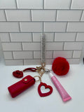 White Rhinestone Wristlet Bling Keychain Bundle-Red Pompom, Red Heart Mirror, Red Lipstick Case, Red Lips Charm with Candy Flavor
