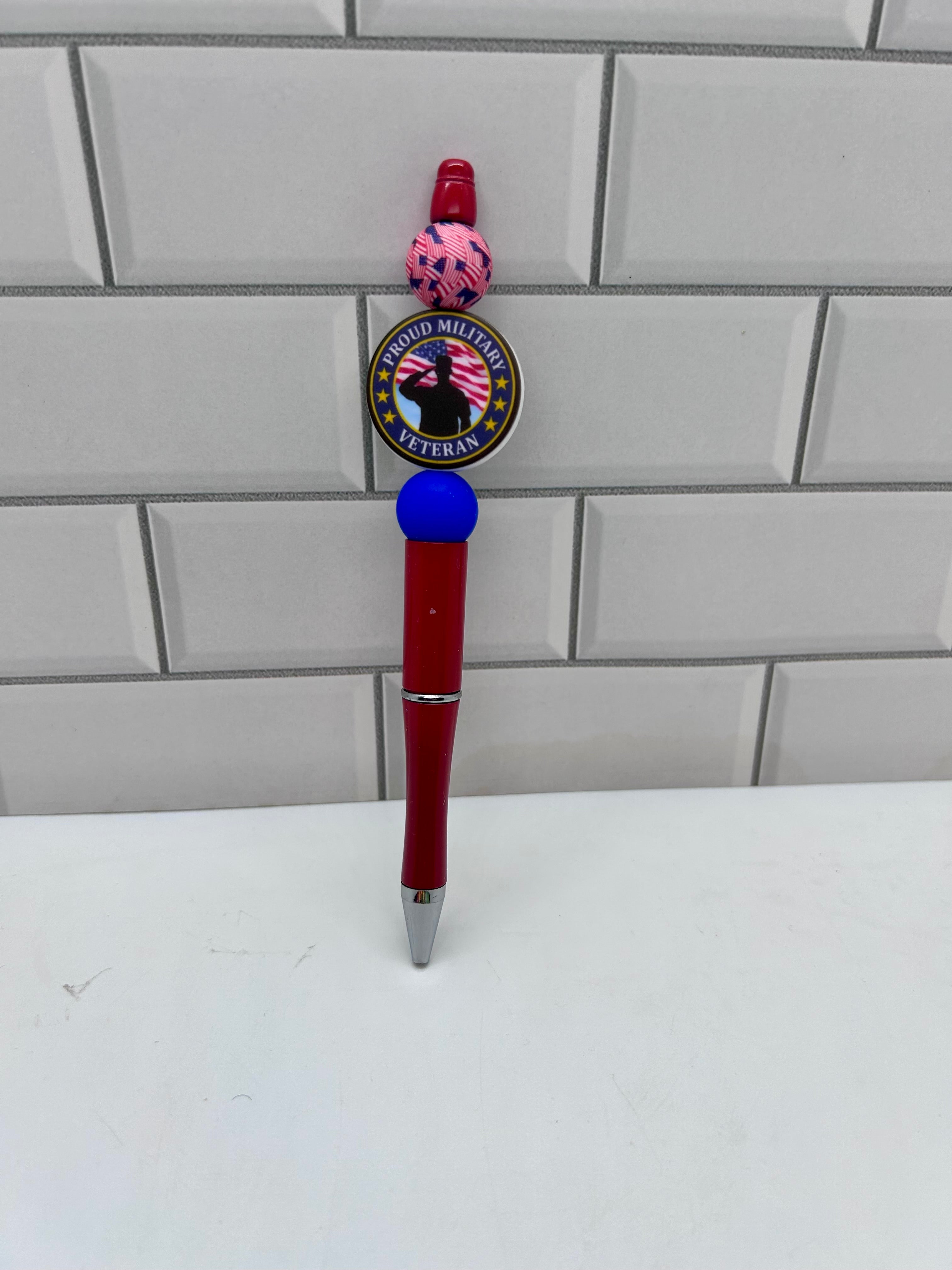 Beaded Ballpoint Pen- Red Silicone W/Veteran Focal