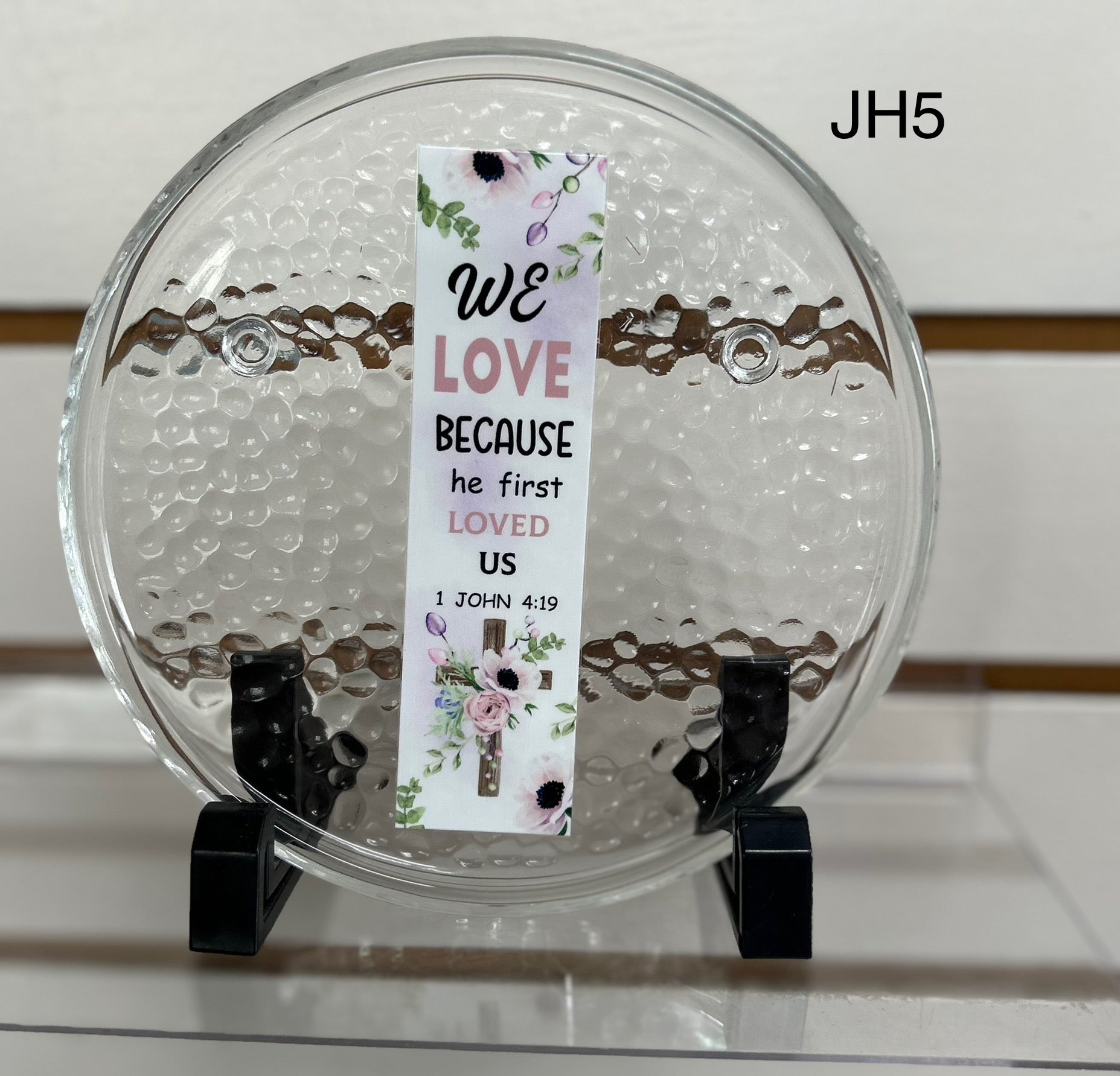 Présentoir à bijoux en verre 15x15 cm, orné d'un beau motif, avec pieds en verre