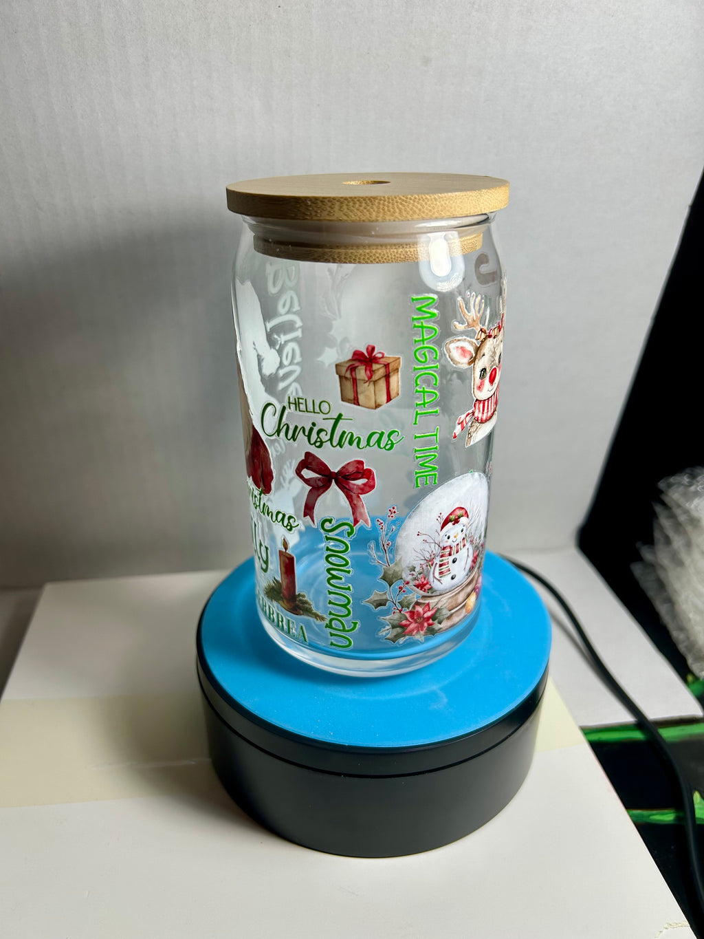 Gobelet en verre de 47 cl, paille en verre avec un magnifique motif de Noël