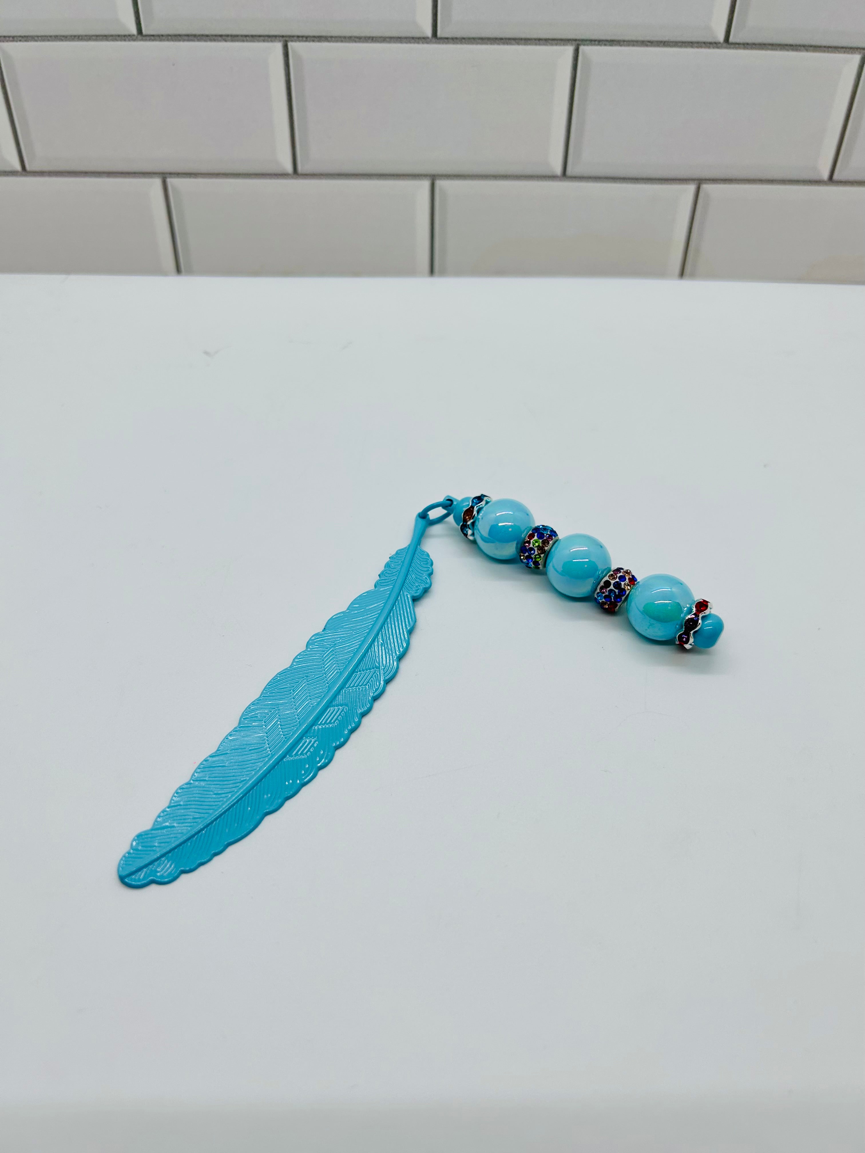 Metal Feather Beaded Bookmark-Turquoise